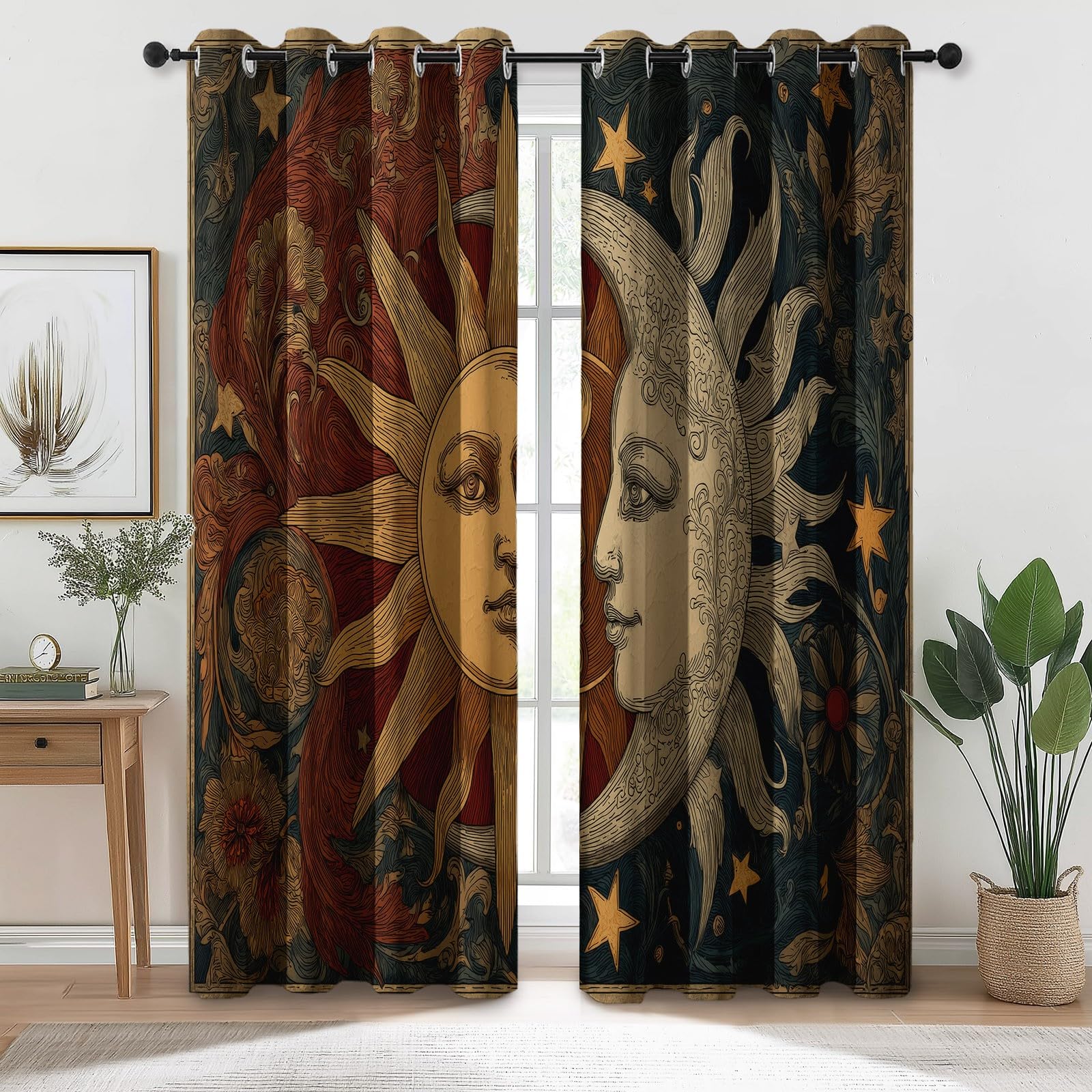 Cortinas Opacas Salon Modernas - Retro Sol Luna Termicas Aislantes Cortinas Corredizas con Ojales, Negro 2 Piezas para Dormitorio Habitación de los Niños 117 An x 229 Al cm