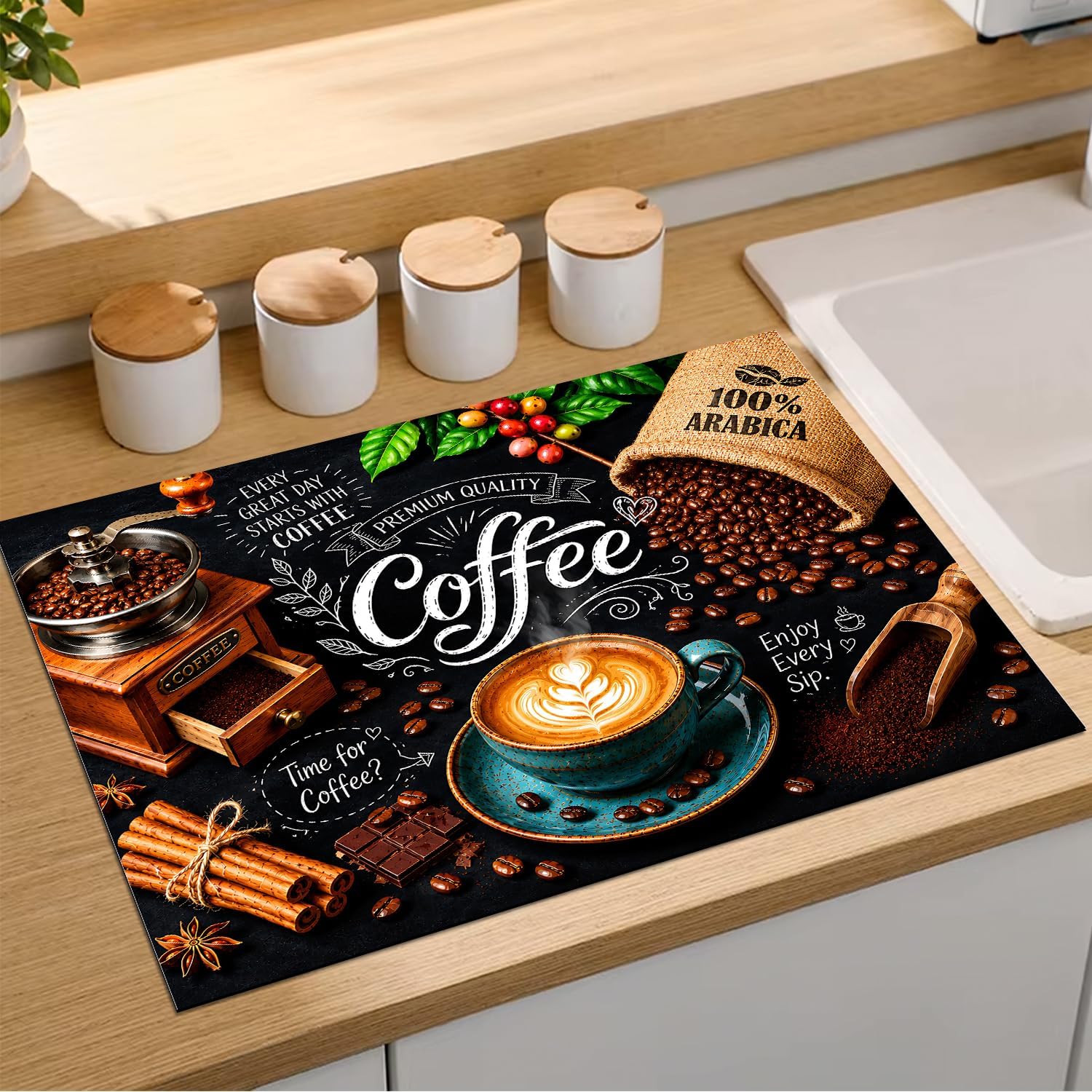 Vintage Coffee Bar Dish Drying Mat 18x24 Inch, Chalkboard Espresso Maker