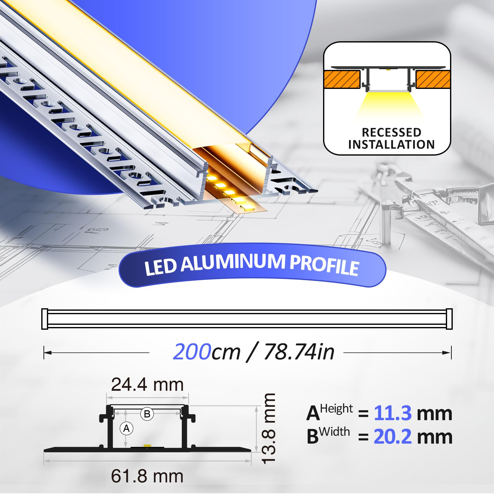 Profilé LED Encastrable 2 m x 10 Pièces (20 m) – Aluminium pour Ruban LED Jusqu’à 20 mm, Rail LED Placo/Plafond, Couvercle Mat, Ailettes 61,8 mm