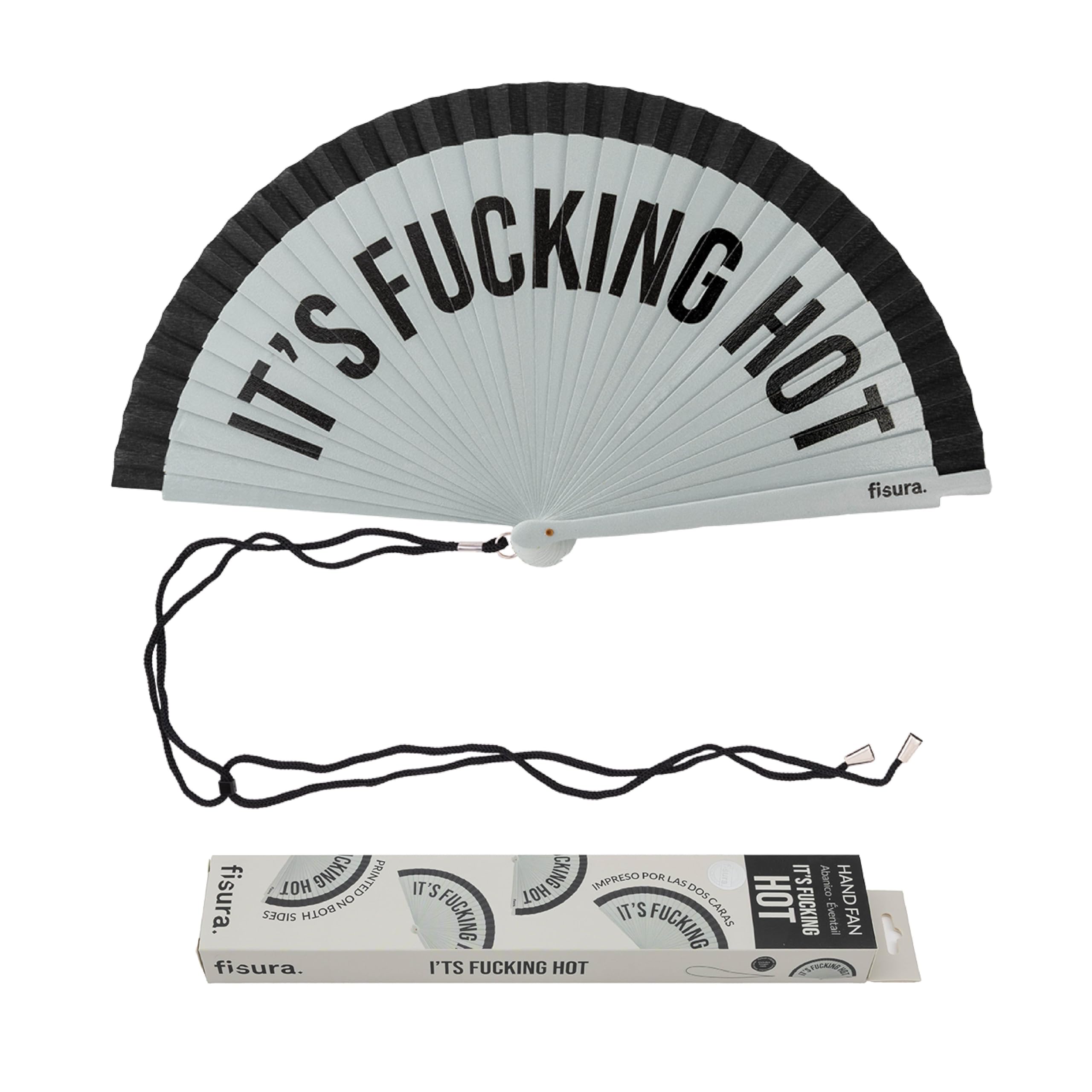 Fisura – Original Folding Handheld Fan with the Message “It’s f*cking hot”. Reversible Wooden Folding Fan, Modern and Colourful. Grey & Black Design, Hanger Included. Dimensions: 42.5 x 23 cm