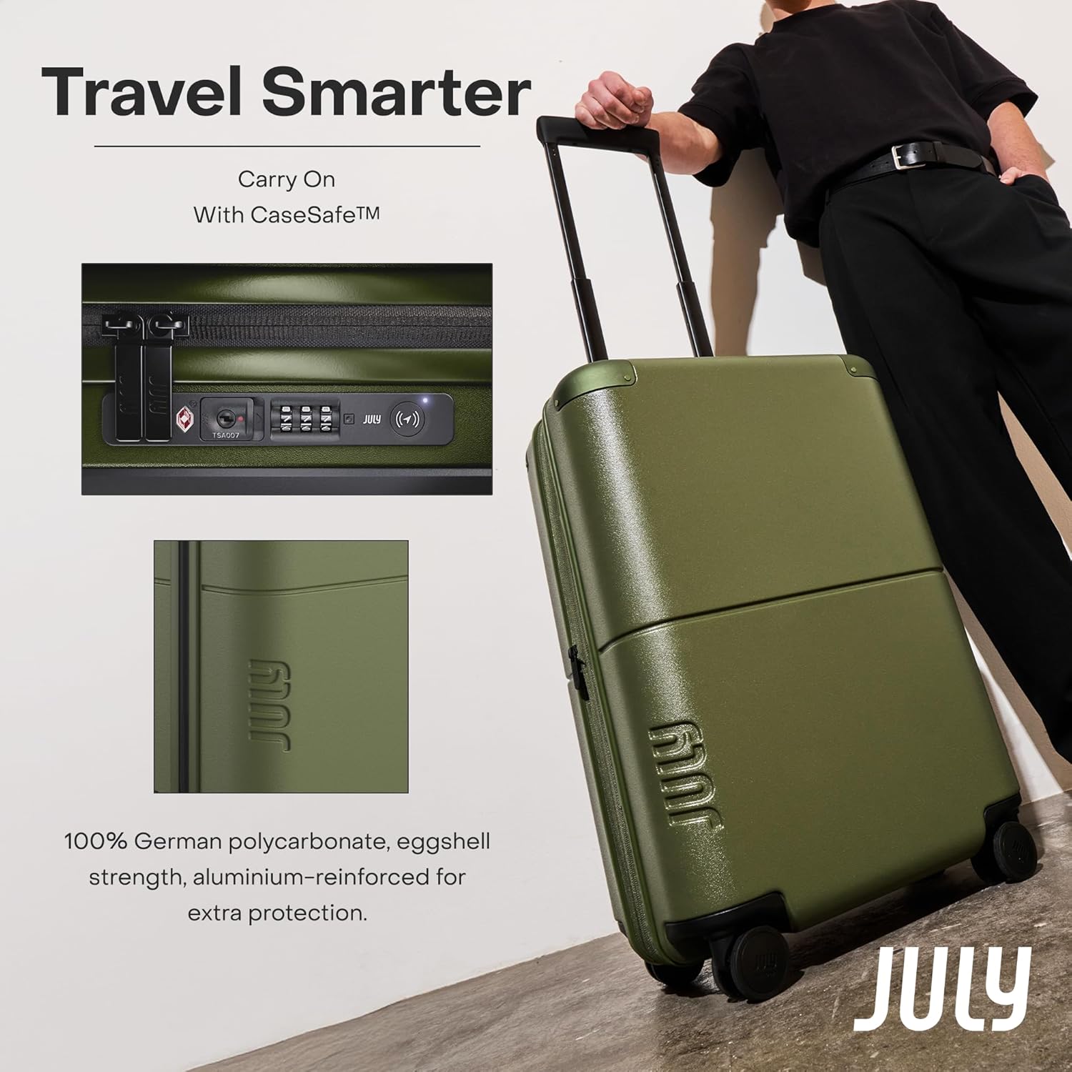 July Carry On with CaseSafe - 20" Built in Tracking, Airline Approved Carry On Luggage with Wheels, Travel Suitcase for Men & Women - Polycarbonate Shell, USB Ports & Ejectable Battery - Moss