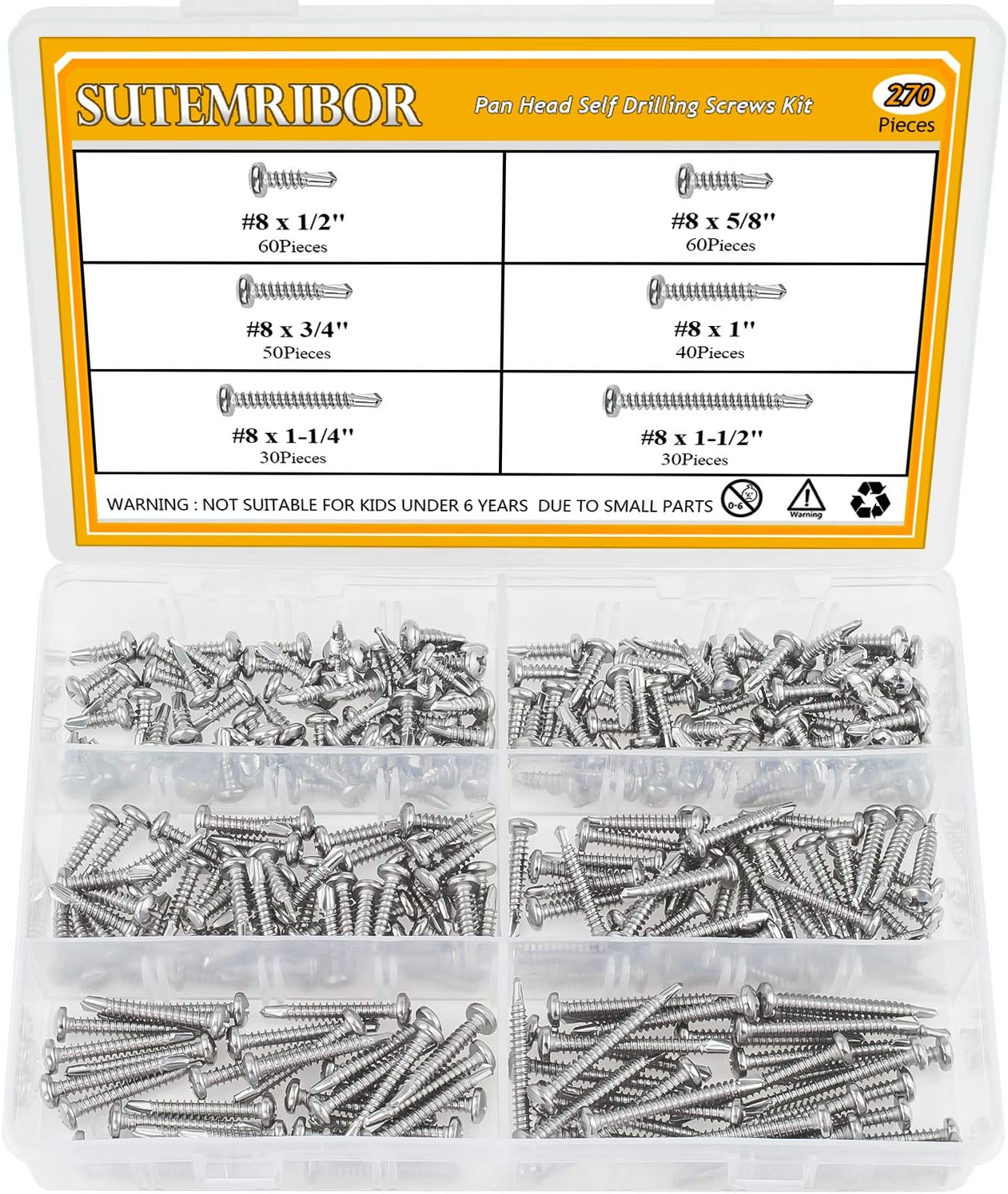 270 Pieces 410 Stainless Steel Self Drilling Screws Set (#8 Pan Head)