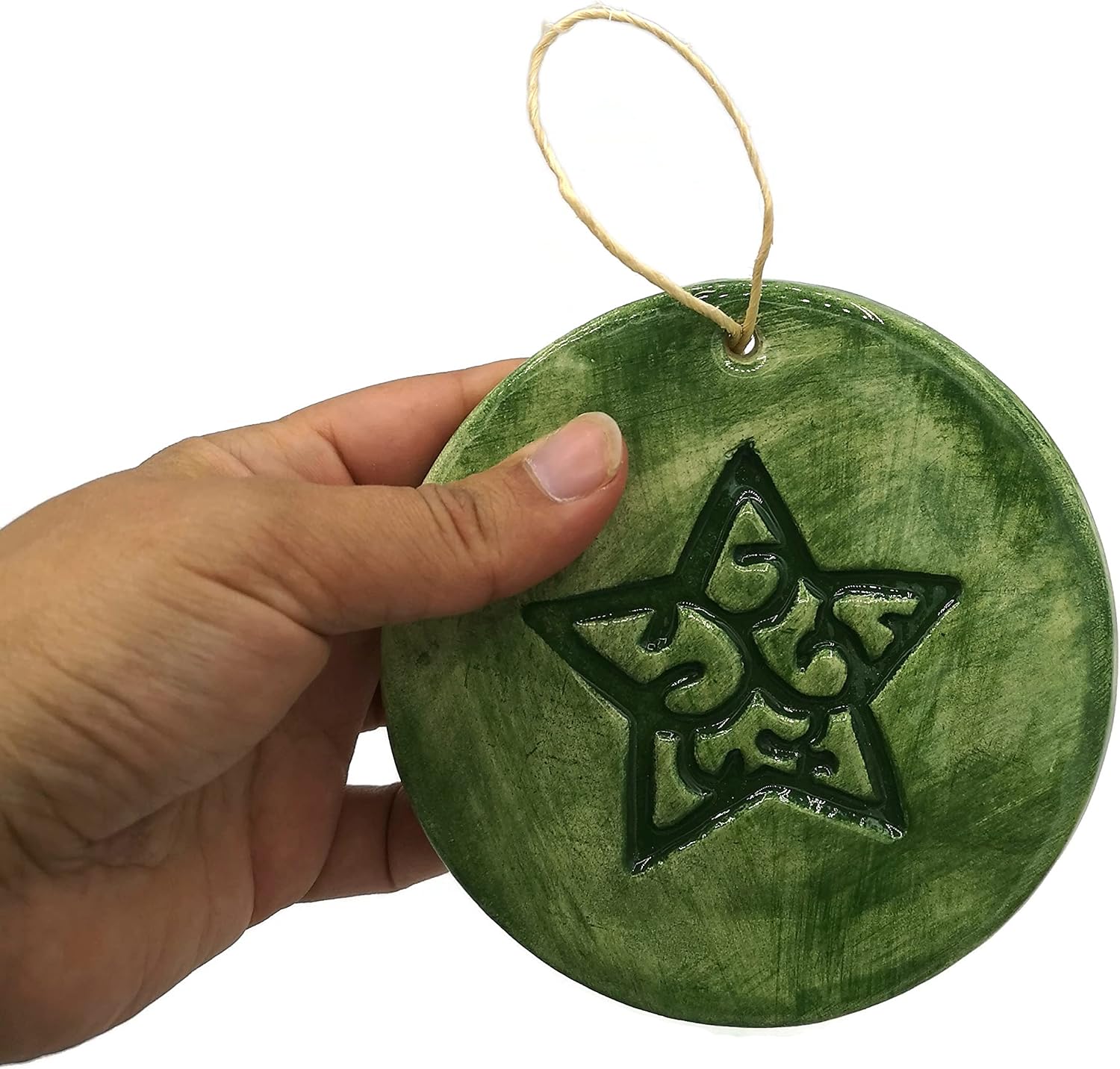 Set of 3 Flat Christmas Balls with Green Star, Ceramic Ornament