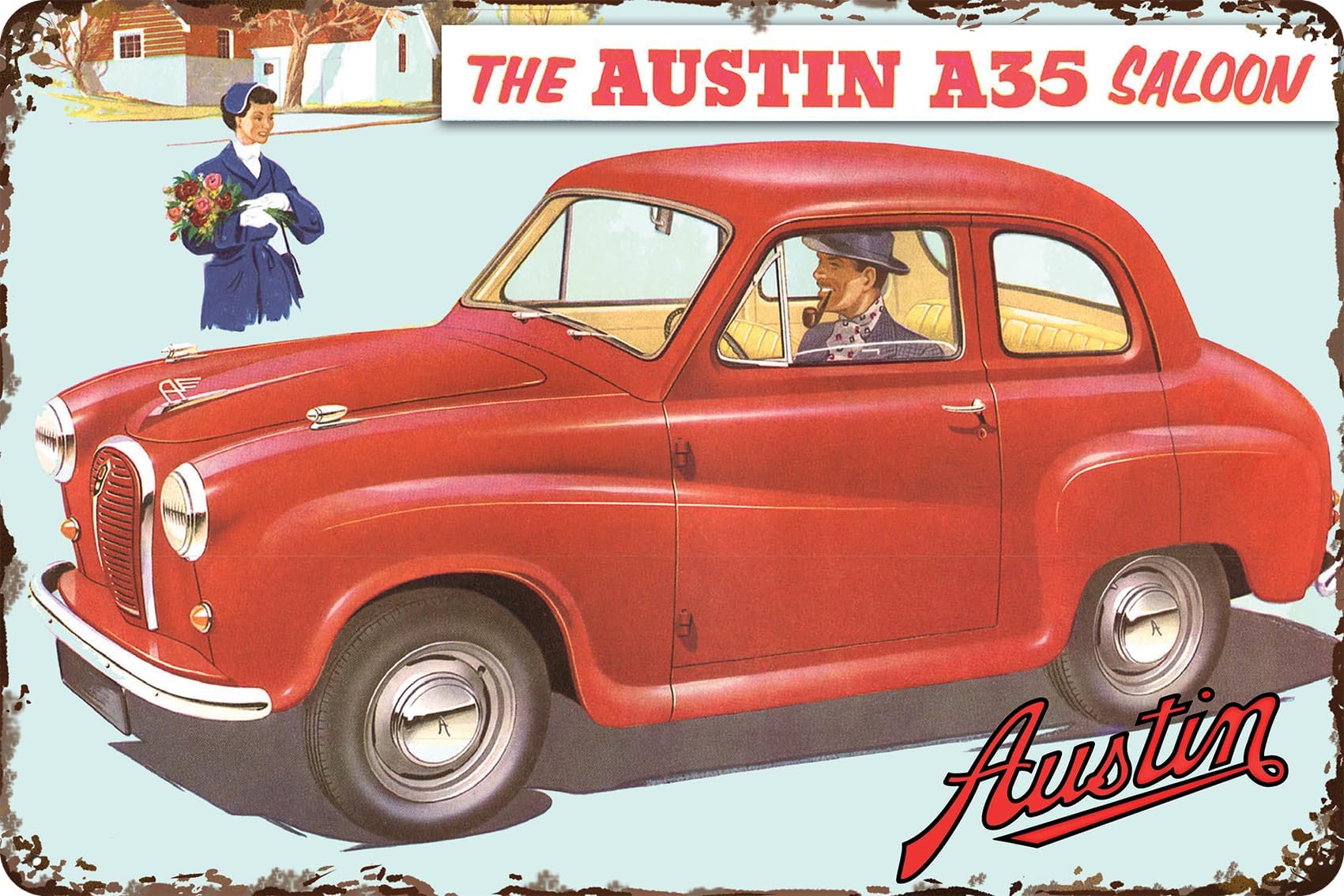 – Retro Tin Sign Suitable for Austin Oldtimer Fans and Lovers, Workshop and Garages Sign, 20 x 30 cm - A35 Saloon V2