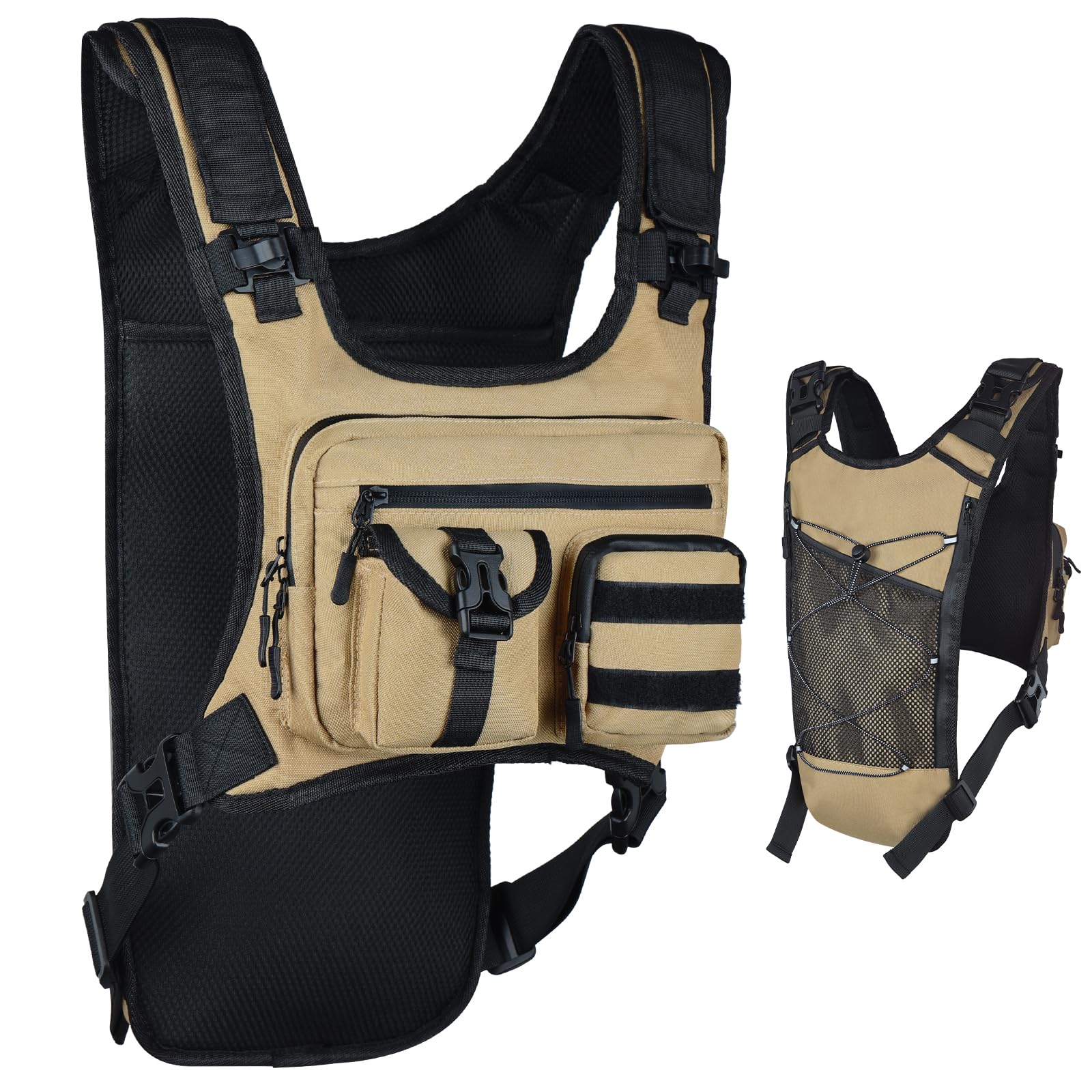 Outplea Tactical Running Vest Men Women, Breathable Hydration Backpack Multi Pockets, Water Resistant Chest Pack for Trail Running Cycling Marathon Hiking, Khaki
