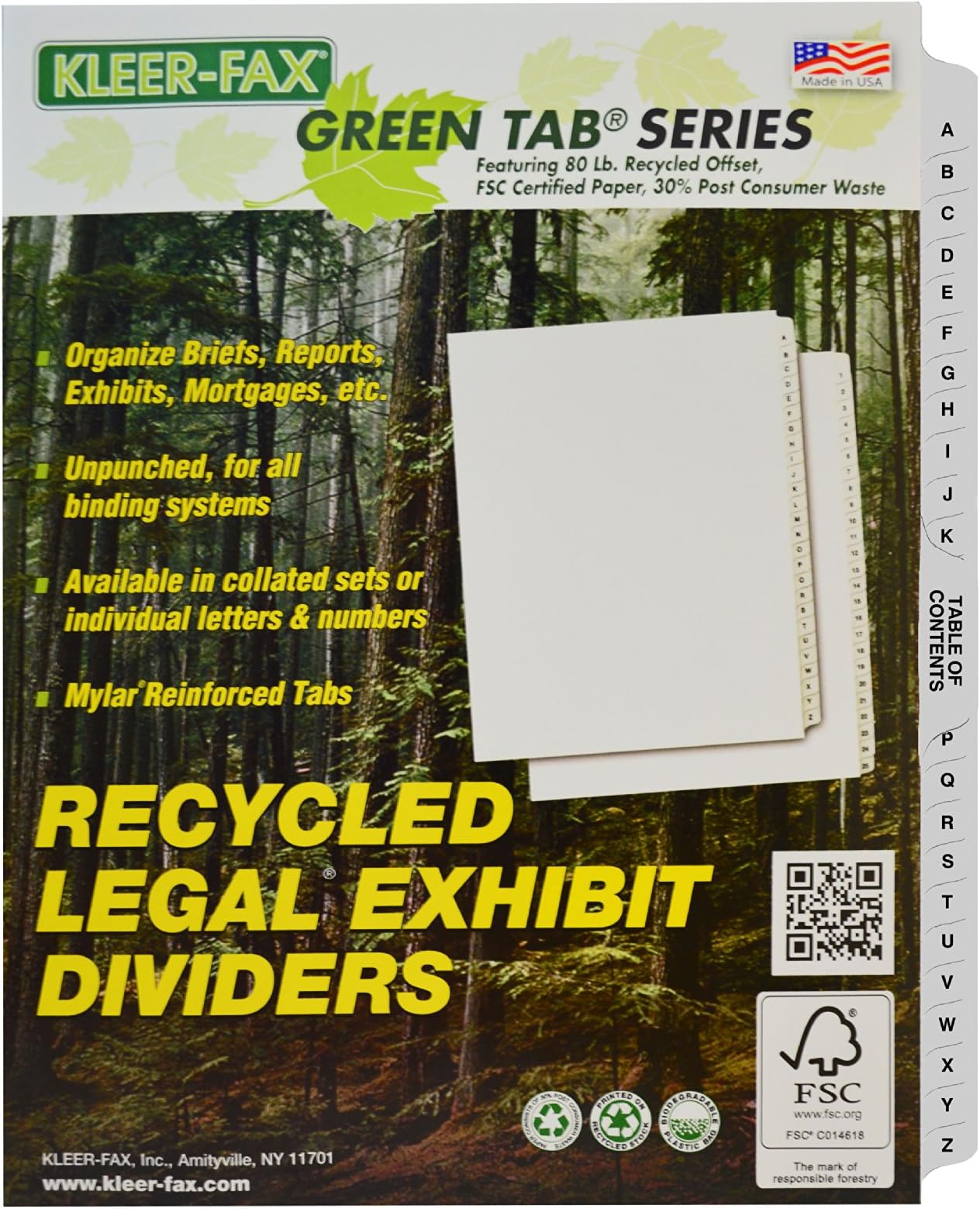 Kleer-Fax Letter-Size Index Divides, Collated Lettered Sets, Side Tab, 1/26th Cut, 1 Set per Pack, White, A-Z (81174)