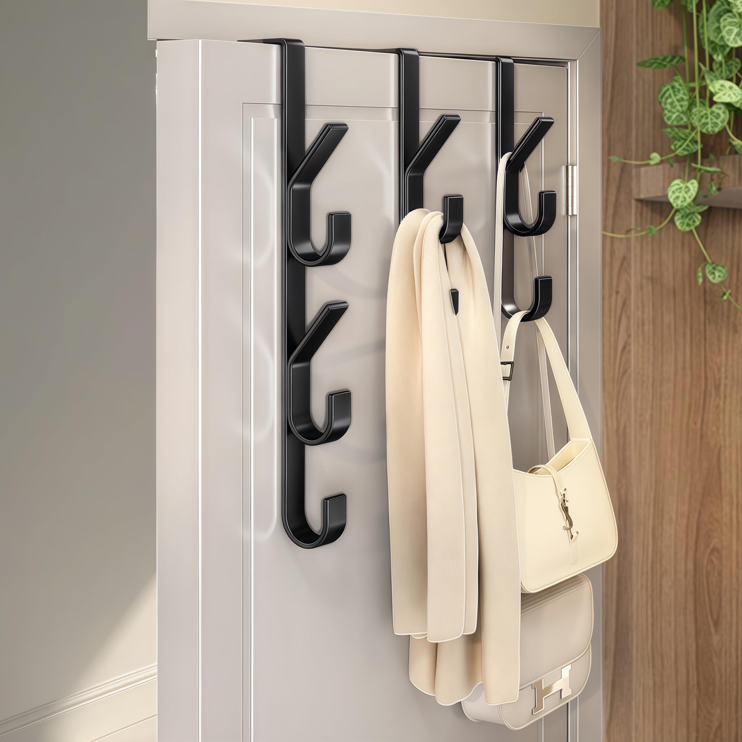 Over The Door Hooks, Door Hanger Hooks for Hanging Space Saving 5-Hook Organizer for Bathroom Apartment, Carbon Steel No Drill Hanger, Back of Door