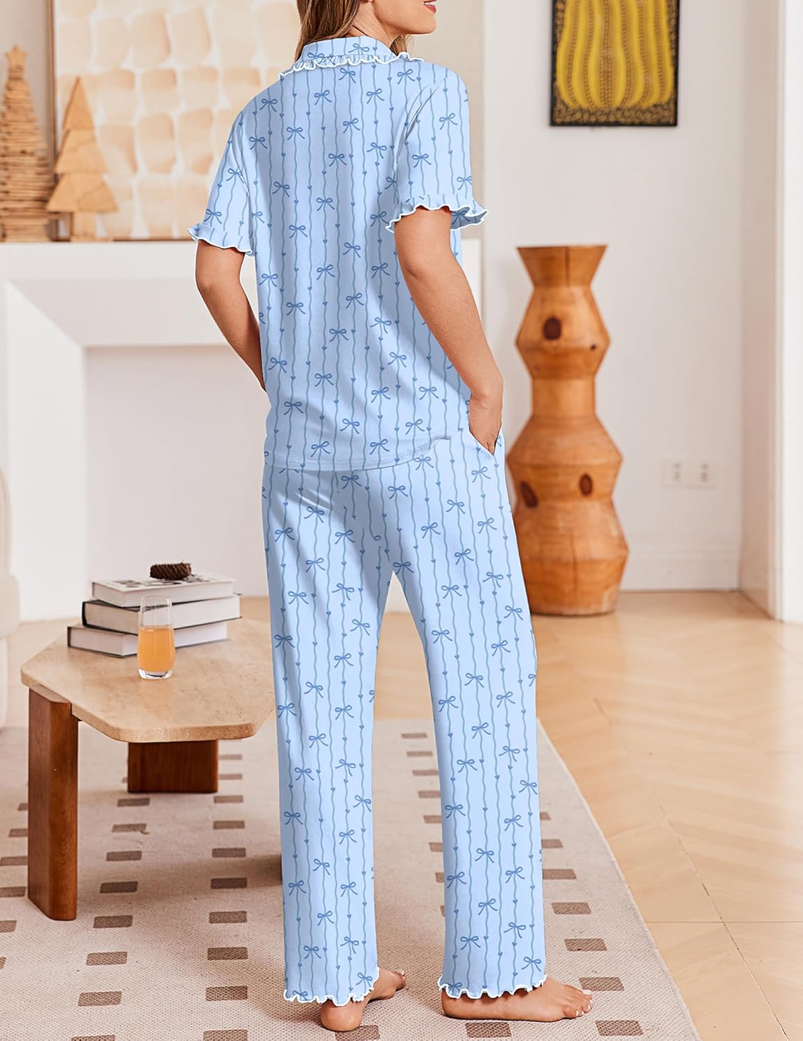 Ekouaer Womens Pajama Sets Ruffle Sleeve Printed PJs 2 Piece Button Down Sleepwear Comfy Loungewear with Pockets