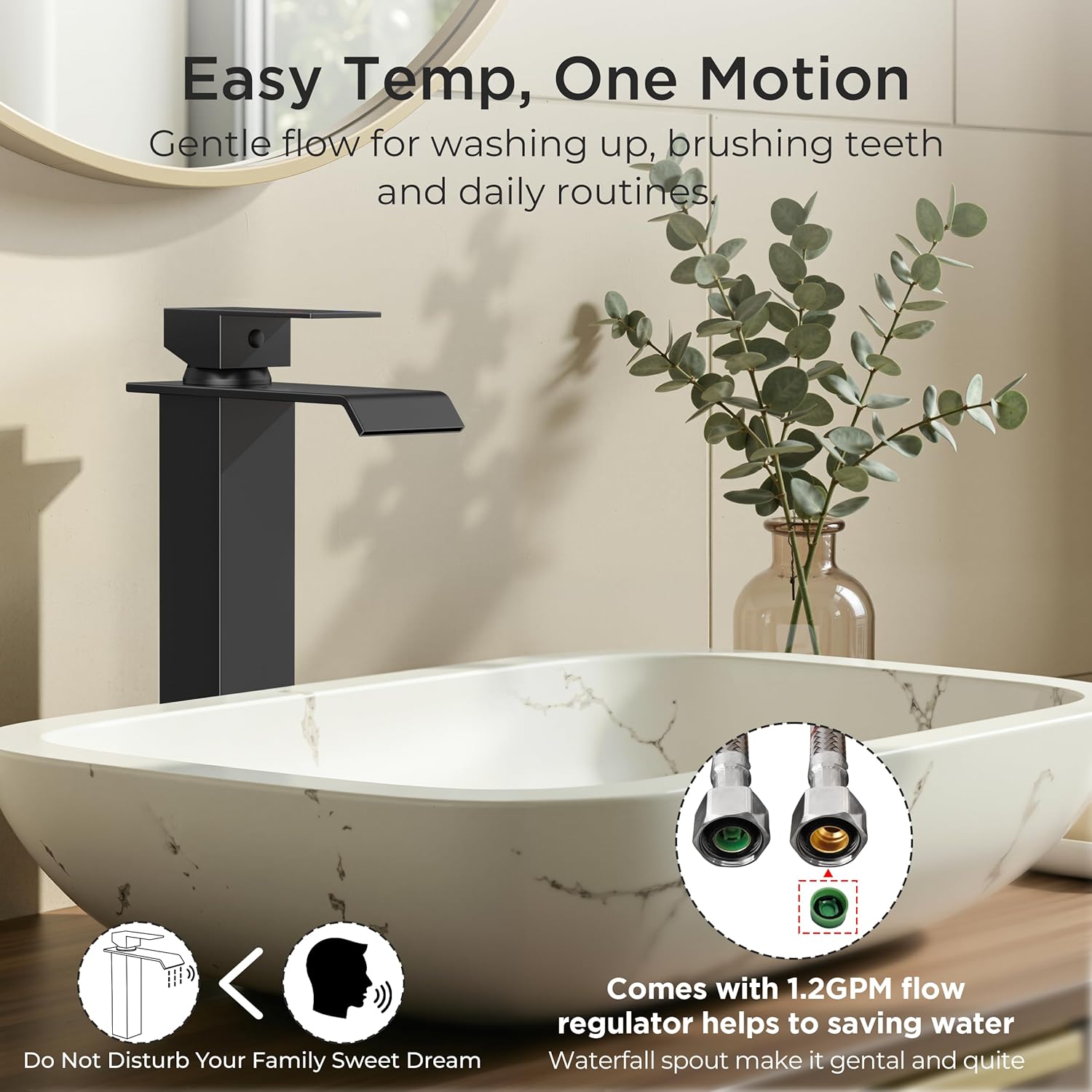 FORIOUS Matte Black Vessel Bathroom Sink Faucets 1 Hole, Tall Waterfall Bathroom Faucet Single Handle with Pop Up Drain and Supply Lines, Deck Mount
