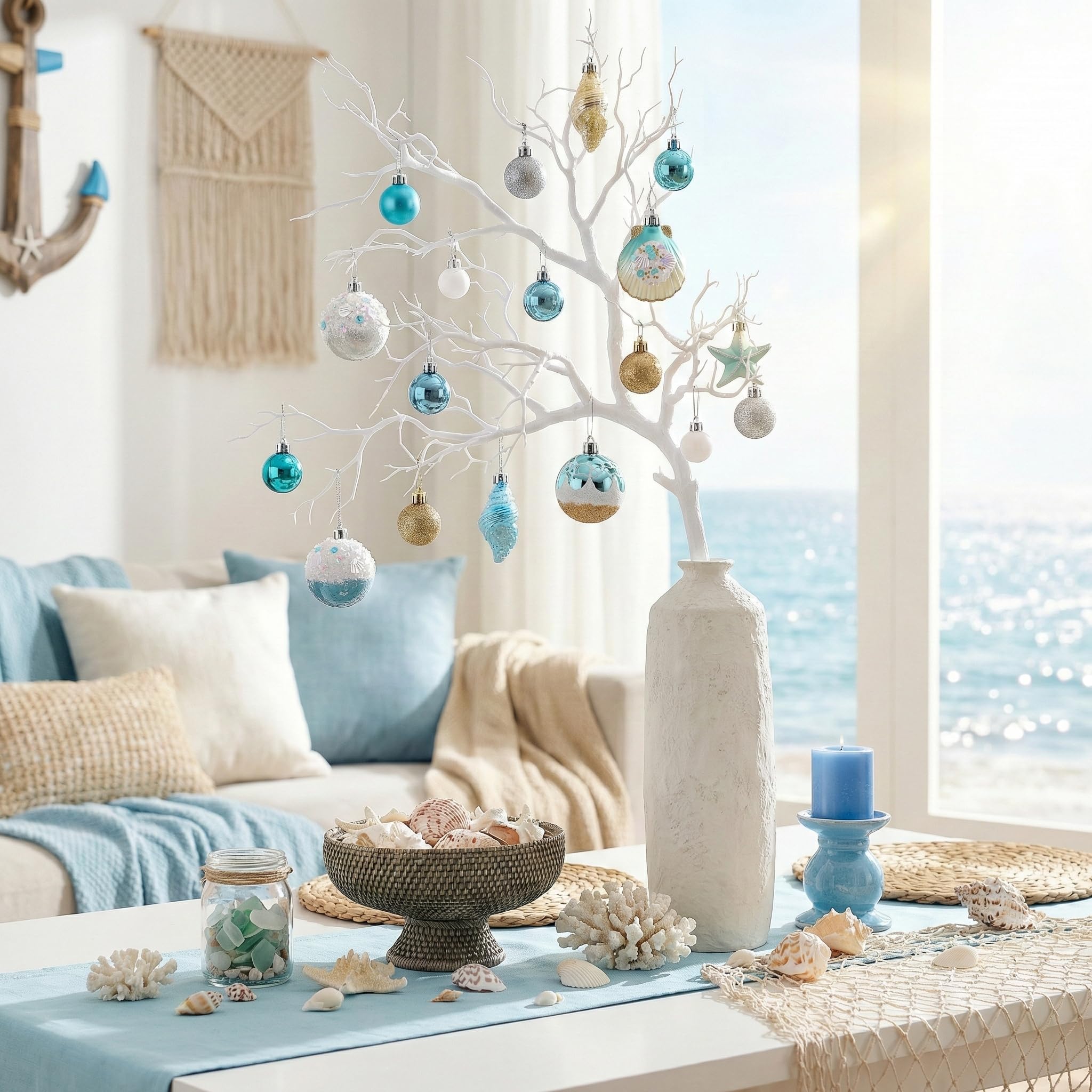 Valery Madelyn Adornos de árbol de verano, 35 unidades, inastillables, decoración náutica de playa, temática náutica, temática del océano, decoración de árbol de Navidad en julio, conchas marinas