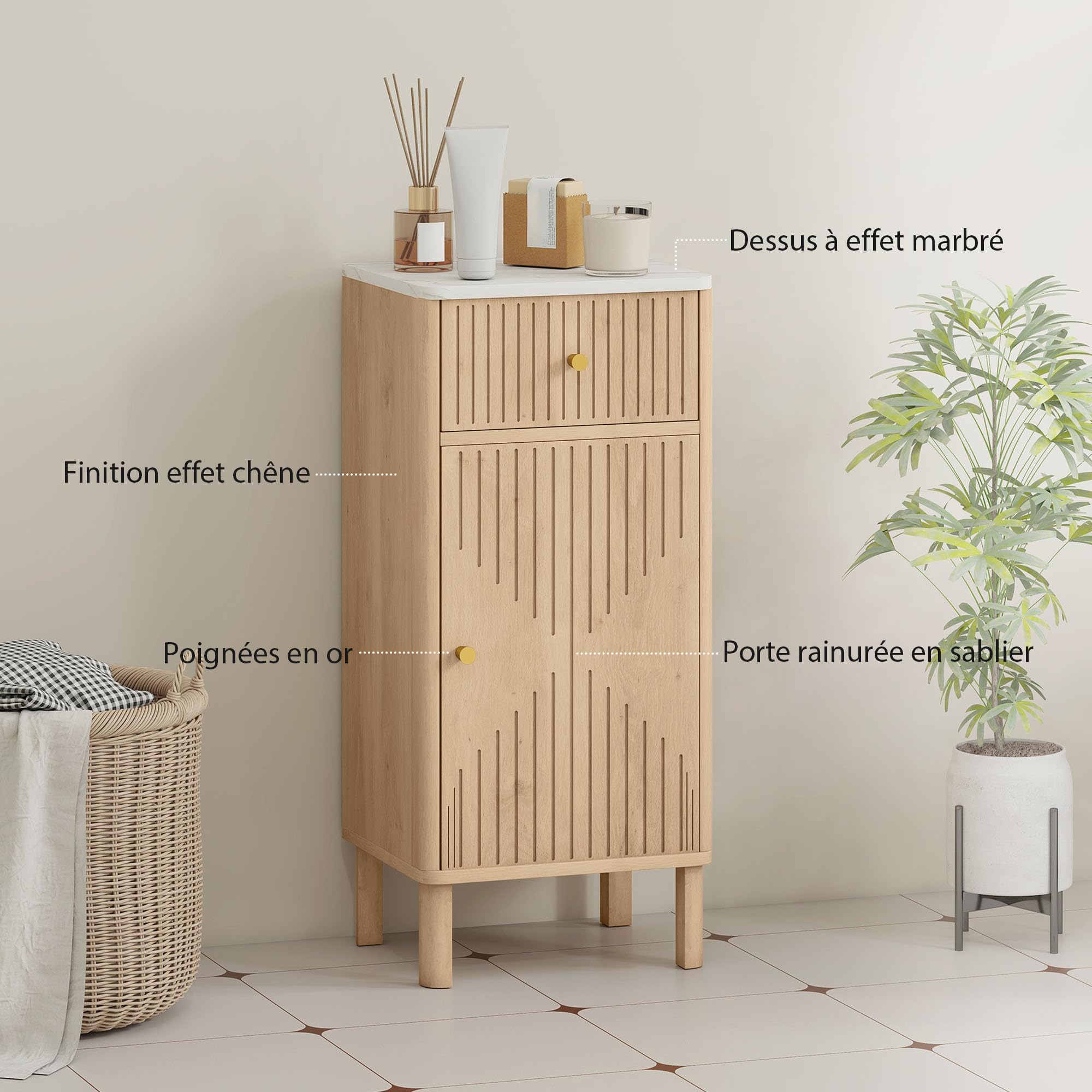 HOMCOM Meuble de Salle de Bain Plateau Effet Marbre 36 x 30 x 80 cm Chêne