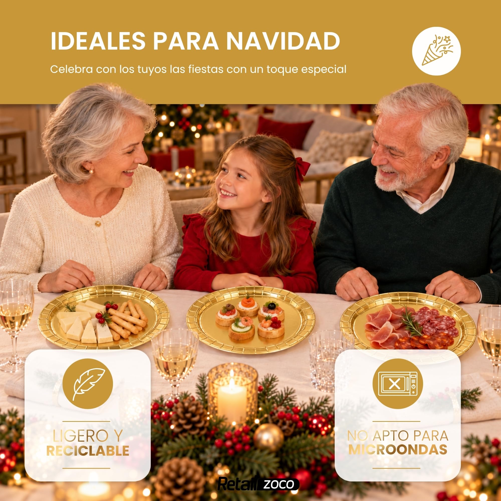Platos de cartón, Platos Desechables cartón, Diseño Dorado, 12 Unidades - imagen 5