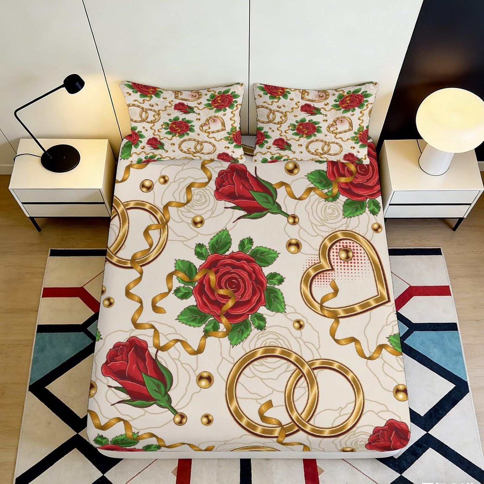 3D Printed Rose Gold Fitted Sheet Microfiber Soft Red Floral Heart Bed Cover for Bedroom Guestroom Mattress Decor 90x200x25cm