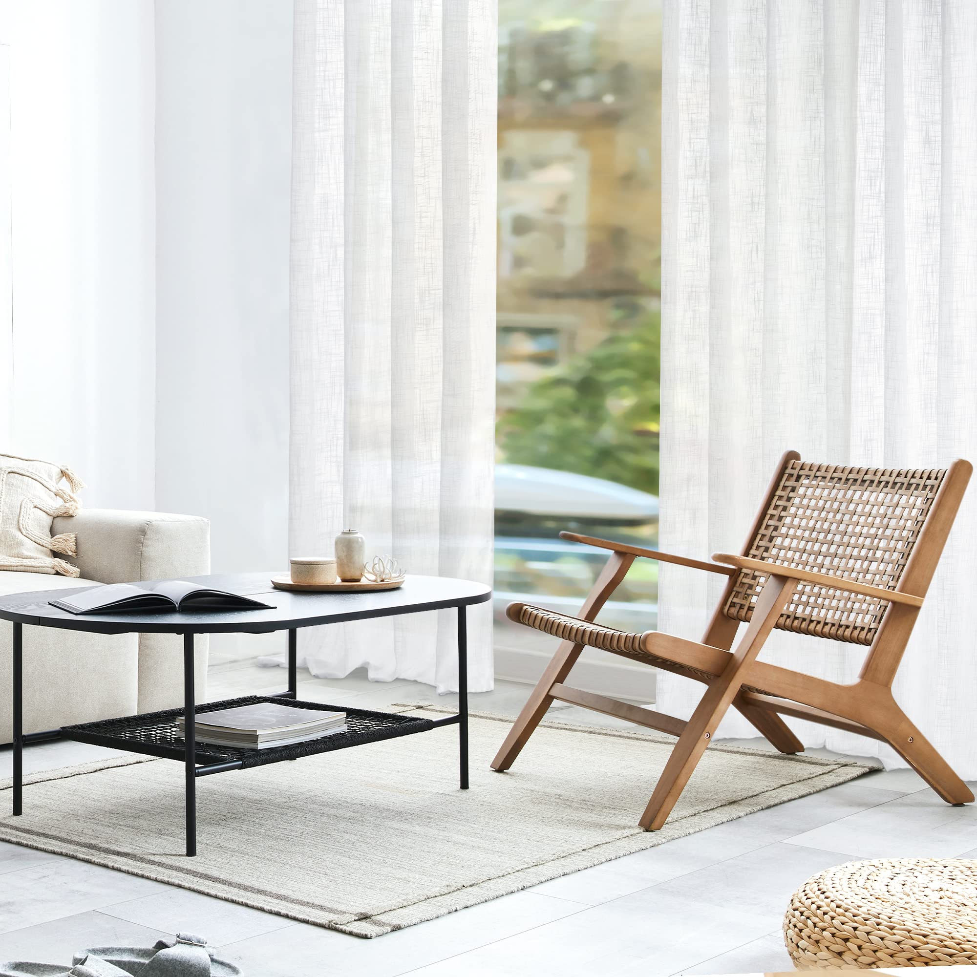 Deconovo Tende per Interni con Anelli, Tende Voile Semi-Trasparenti in Finto Lino 140x290 CM Bianco 2 Pezzi