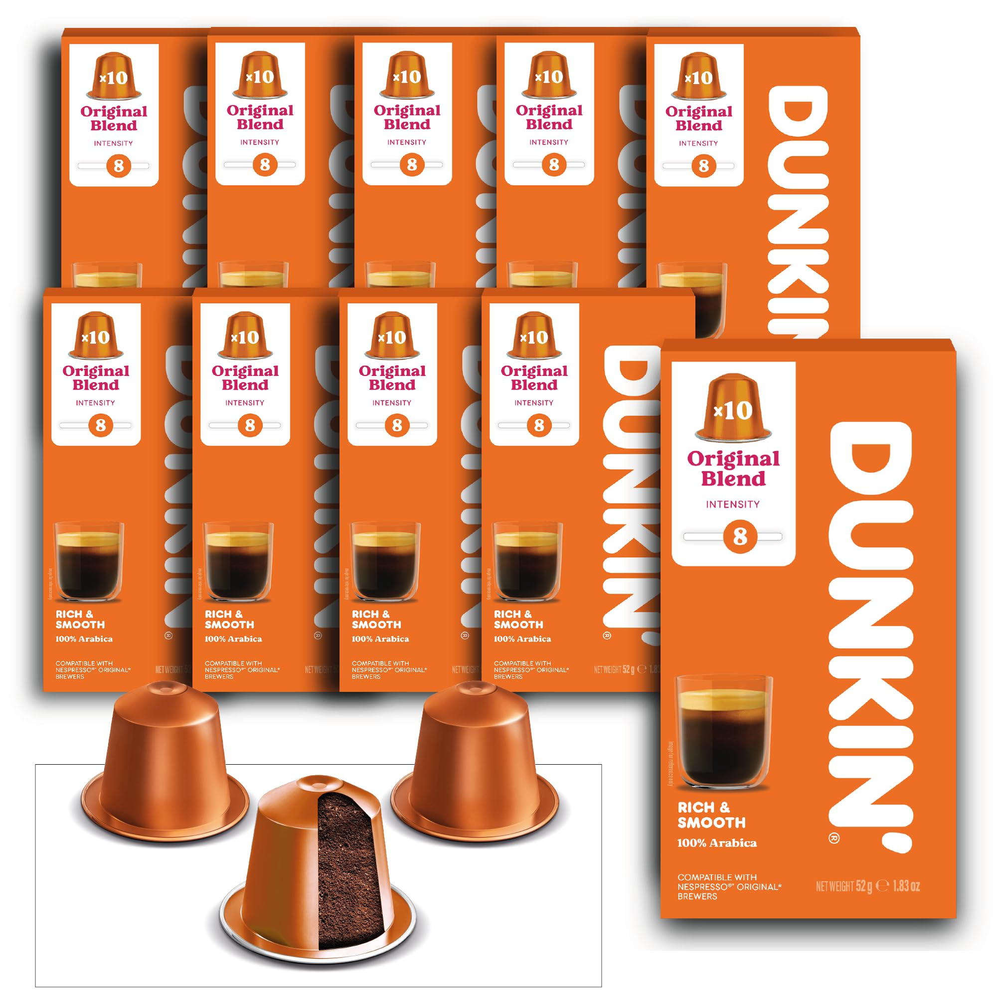 Dunkin’ Donuts Signature Blend – 100 kapsułek kawy kompatybilnych z Nespresso – 100% Arabica – Ekskluzywna mieszanka – Kawa bogata, zrównoważona i aromatyczna