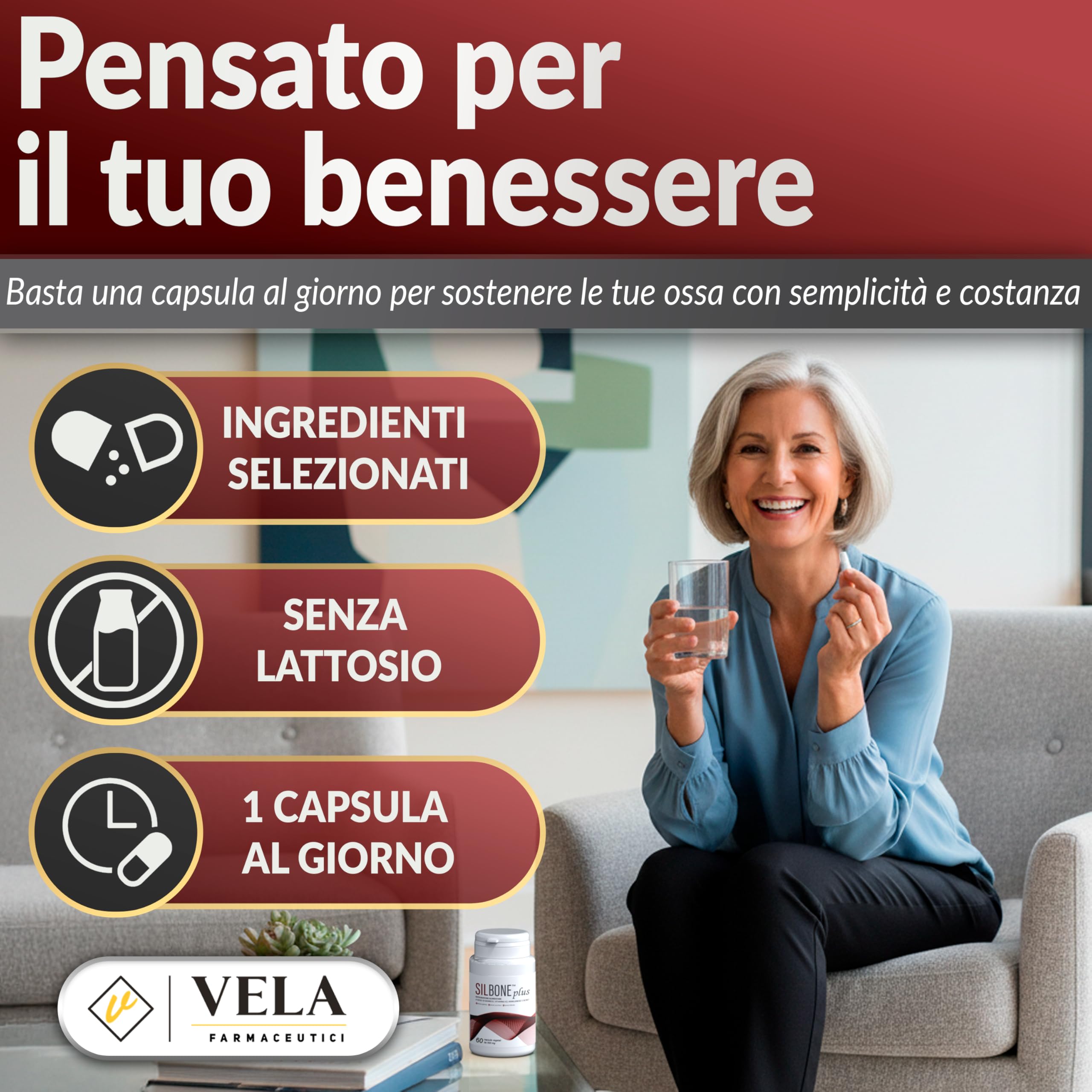 SILBONE PLUS - Integratore Ossa e Articolazioni Premium con Vitamina K2 MK7, Silicio da Bamboo, Boro e Manganese, Coadiuvante per il Tessuto Connettivo - Made in Italy 60Cps - Vela Farmaceutici