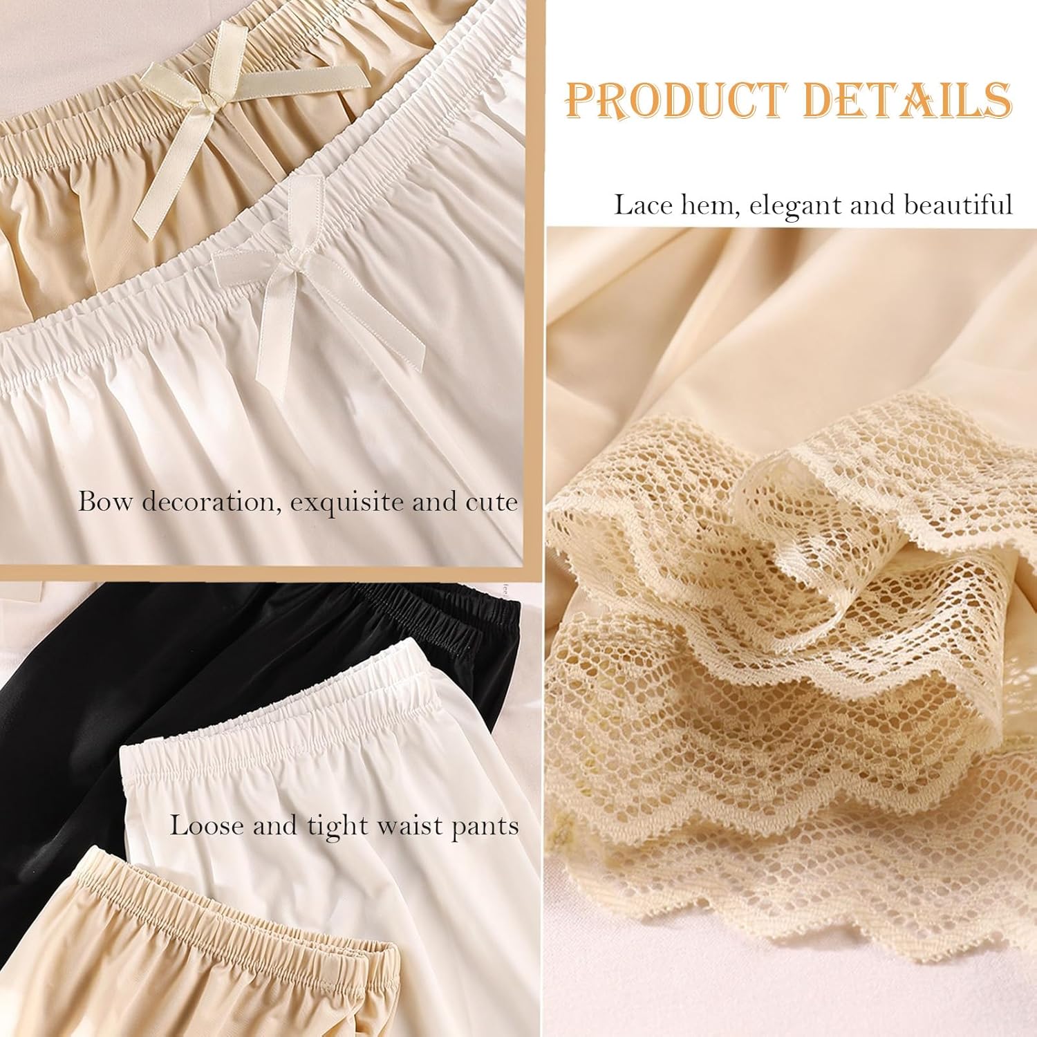 3 Pack Women's Half Slip Shorts for Under Dresses Bow Lace Satin Shorts Pettipants Half Slip Culotte Shorts Split Skirt - Image 2
