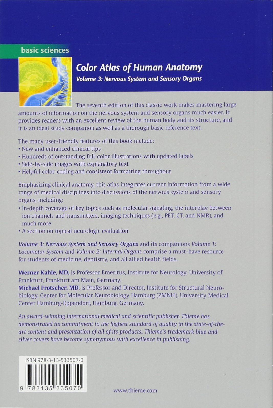 Color Atlas of Human Anatomy, Vol. 3: Nervous System and Sensory Organs (Color Atlas of Human Anatomy, 3, Band 3)