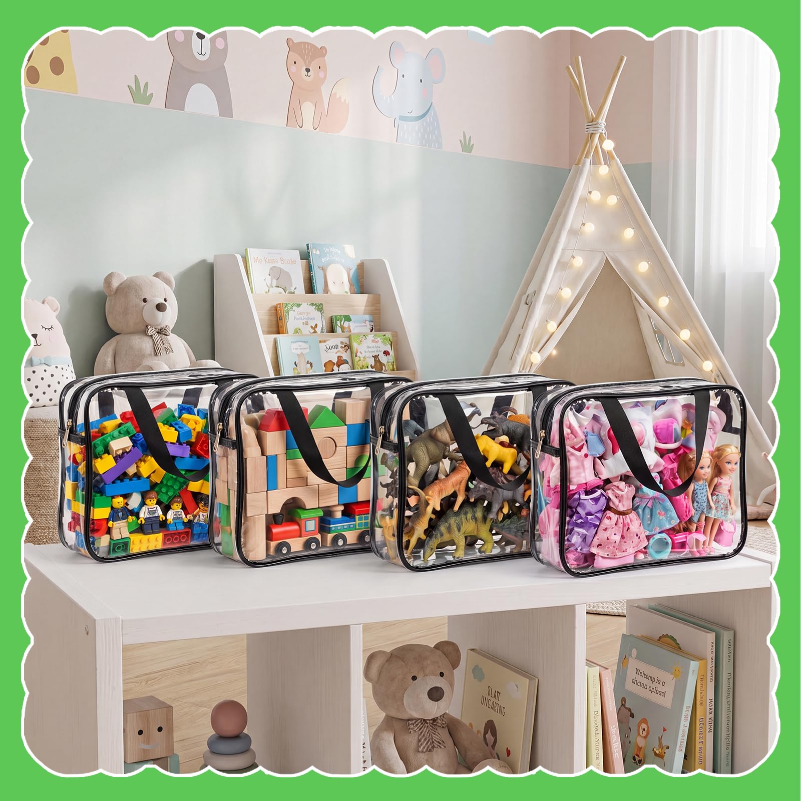 Dntorx Sacchetti per giocattoli, organizzazione e conservazione, confezione da 4 organizer in PVC trasparente, grandi borse impermeabili con cerniera con manici per libri per bambini, puzzle, blocchi