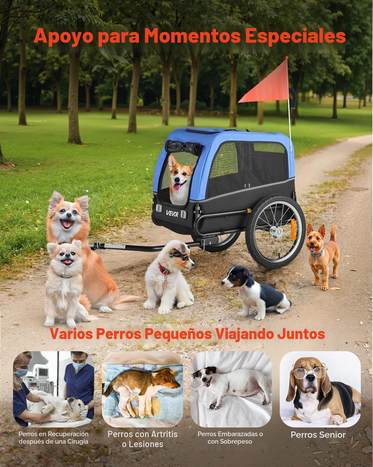 VEVOR Remolque de Bicicleta para Perros, Carga de 45 kg, Carrito Portabicicletas Plegable para Perros Pequeños/Medianos con Rueda de Liberación Rápida, Enganche Universal, Reflector y Correa Interior
