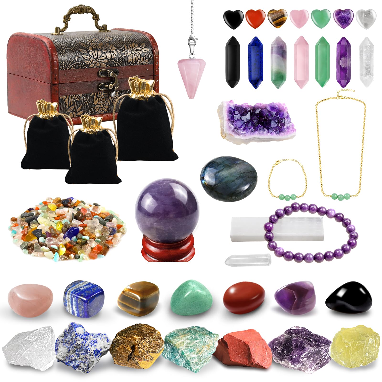 41 Pcs Healing Crystals Set, Crystals and Healing Stones, 7 Raw Chakra Stones Kit Beginners Real Natural Energy Gem Rocks Raw Protection Meditation Reiki Wooden Box Spiritual Gifts for Women
