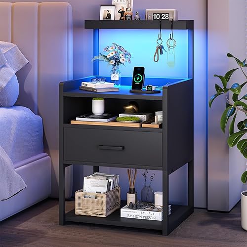 Miniatura 22 de AOGLLATI Juego de 2 mesitas de noche con estación de carga, juego de 2 mesitas de noche blancas para dormitorio, mesita de noche con cajón de