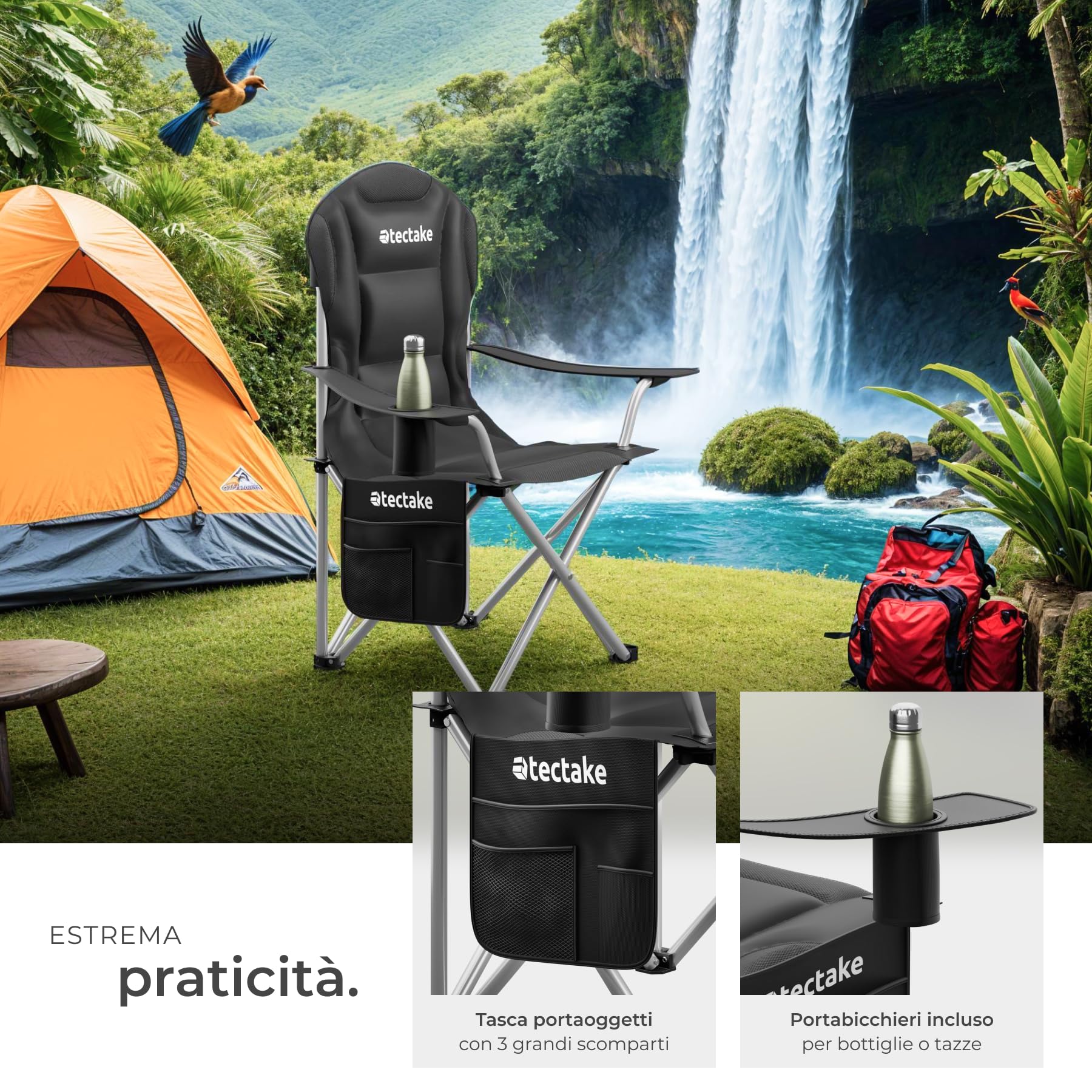 tectake® Sedia da Campeggio Imbottita, Pieghevole, Portabicchieri, Tessuto Oxford 600D Idrorepellente, Struttura in Acciaio, Piedini Antiscivolo e Antigraffio, Tasca Laterale, Borsa per il Trasporto