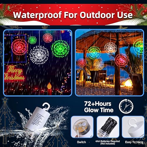 Miniatura 5 de LYUBASA 3 luces decorativas de fuegos artificiales de Navidad, 480 LED a distancia y tiempo, 8 modos de luz, luces de fuegos artificiales rojas,