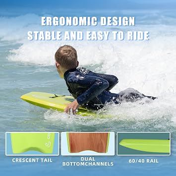 Body Boards for Beach 37 inch Lightweight Durable Body Board with EPS Core Dual Channel Double Swivel Coiled Wrist Leash Ideal Bodyboards for Kids Teens & Adults
