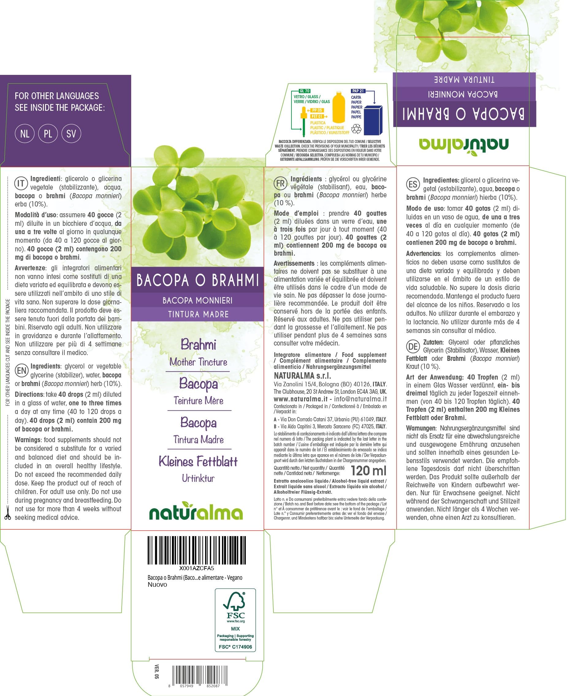 Bacopa o Brahmi (Bacopa monnieri) hierba Tintura Madre sin alcohol Naturalma - Extracto líquido gotas 120 ml - Complemento alimenticio - Vegano
