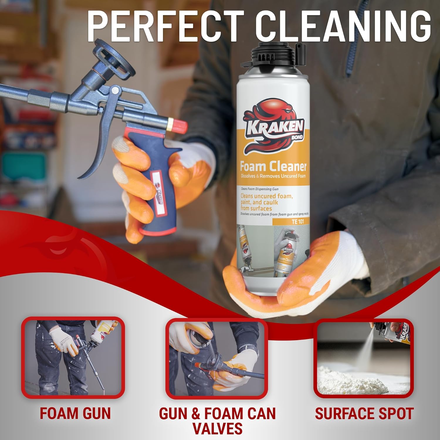 KRAKEN BOND Spray Foam Gun Cleaner - (12x12.3oz) Polyurethane Insulation Cleaner Spray, Dissolves Uncured Expanding Foam Cleaner Spray for Extended Tool Durability - 12 Pack