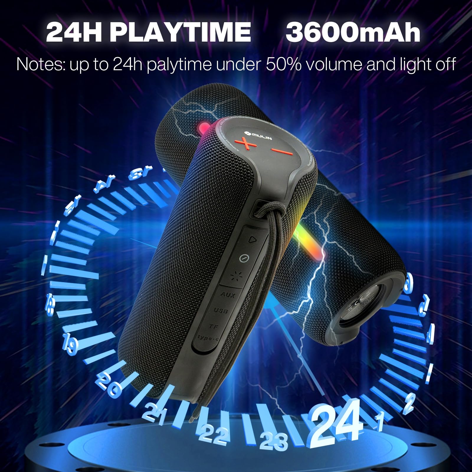 MU Enceinte Portable Bluetooth 5.3 sans Fil avec Bass Puissantes,Étanche à l’Eau et à la poussière, Subwoofer à 360 Degrés, Autonomie 24 hrs, Double Appairage Stéréo, Lumière LED