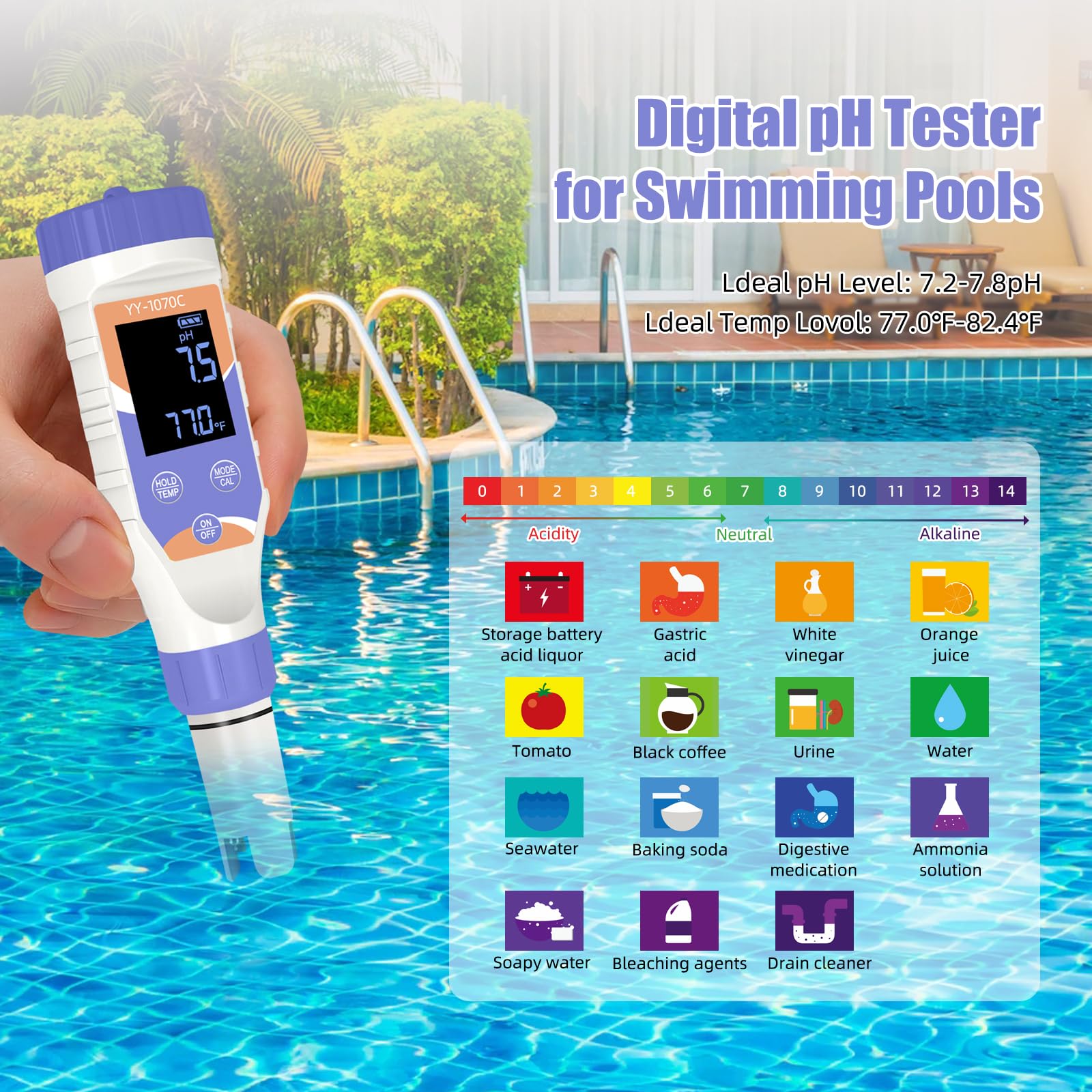 7-in-1 Digitaler Pool-Wassertester – Chlor, pH, Salz, ORP, EC, TDS & Temperatur – für Salzwasserpools, Whirlpools, Spas, Aquarien & Hydroponik – Sicheres & gesundes Schwimmen