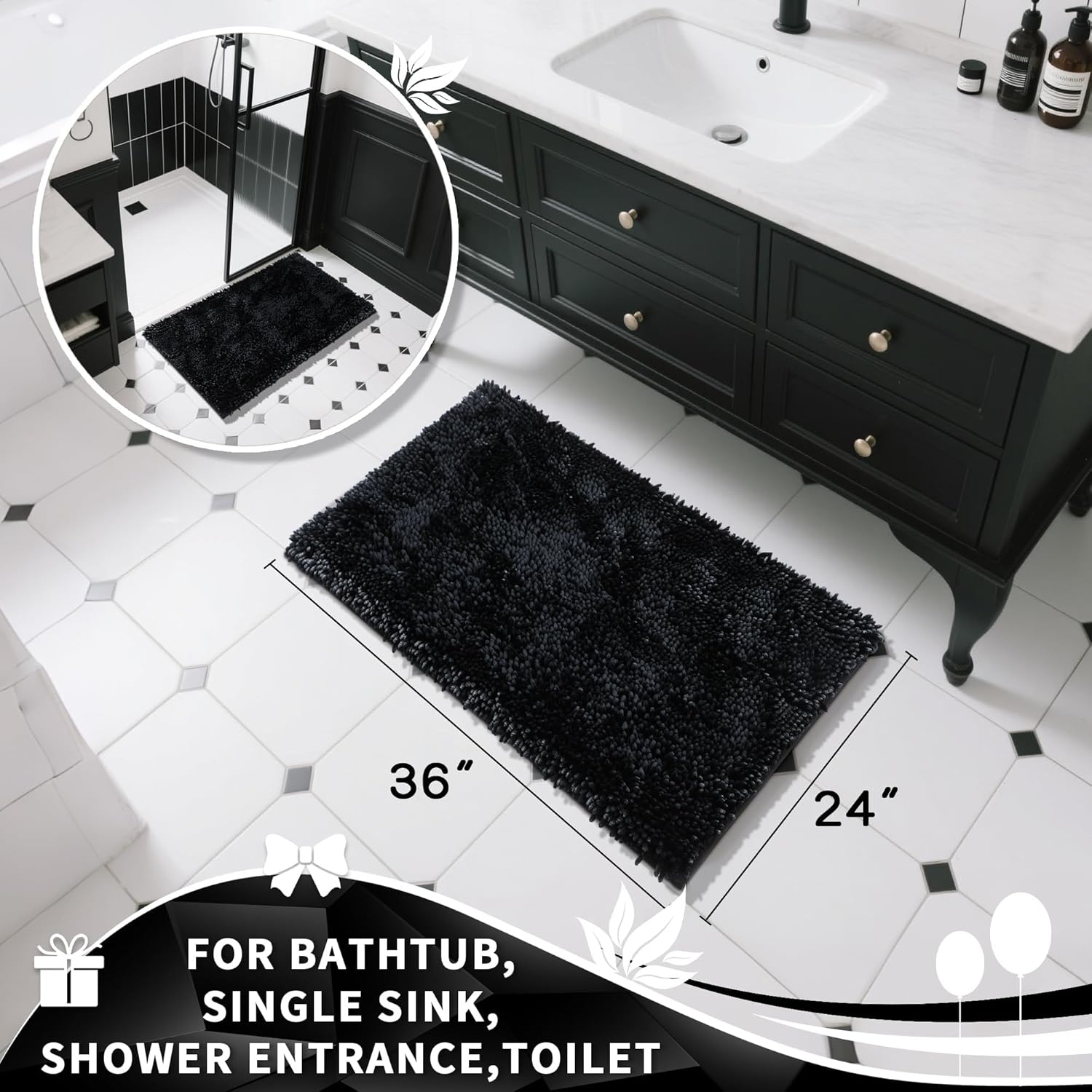Yimobra Large Bathroom Rug Non Slip 36x24 Inch, Extra Thick Soft Absorbent Chenille Bath Mat, Machine Washable Quick Dry Bath Rugs for Bathroom Floor, Tub and Shower, Home Decor Accessories, Black - Image 4