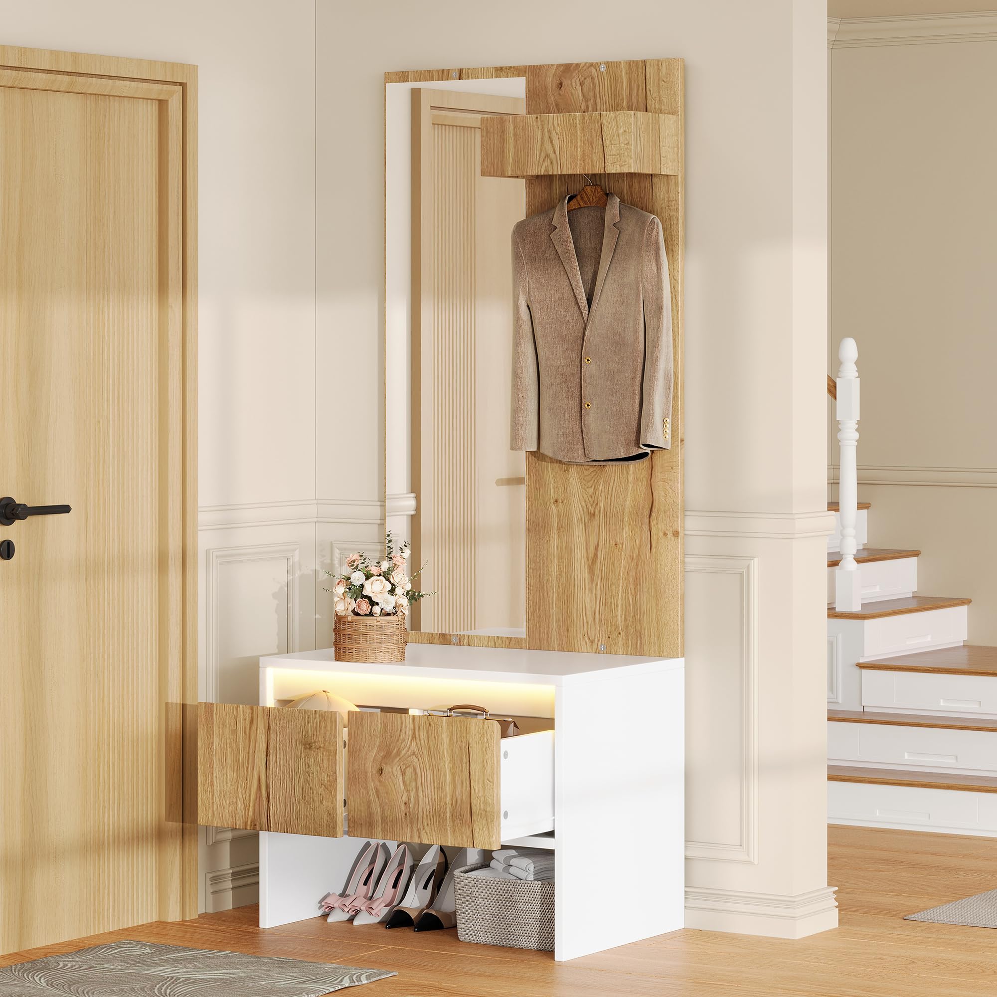 Zestaw garderobiany z wieszakiem na ubrania, lustrem, szafką na buty i 2 szufladami – w kolorze białym i naturalnym, 60 x 38 x 145 cm