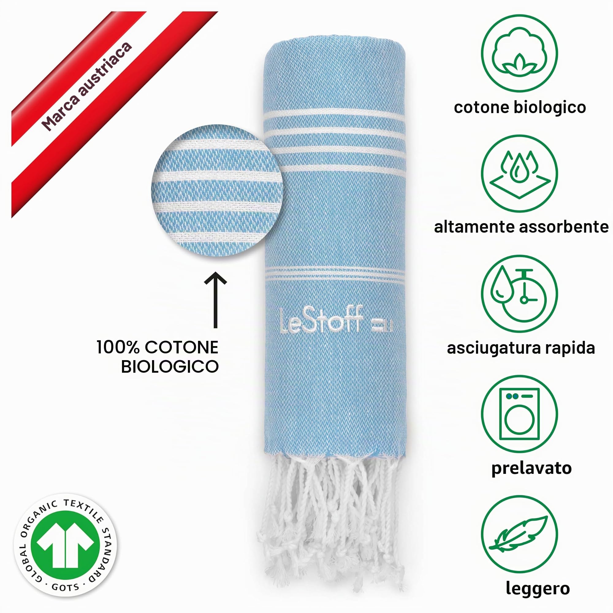 LeStoff Panno per hammam di alta qualità, versatile, sostenibile, assorbente e ad asciugatura rapida, 100% cotone biologico, spiaggia, bagno, doccia, yoga, spa e da viaggio (95 x 180 cm, blu chiaro)