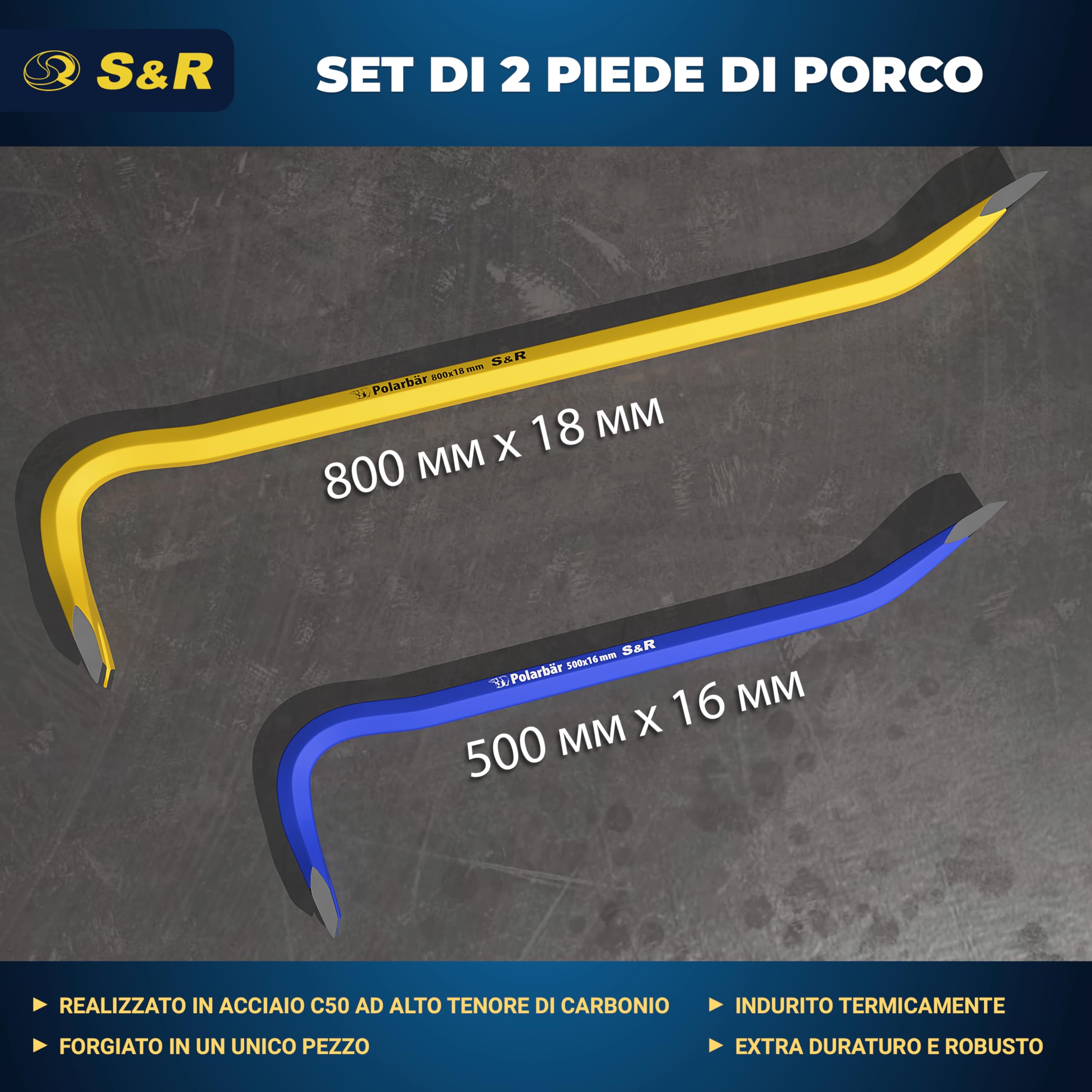 S&R Set di 2 Piedi di Porco Professionali 50 Cm e 80 Cm. Levachiodi per Bancali Piccolo e Lungo in Acciaio Temprato Ideali per Demolizioni, Smontaggi e Ristrutturazioni. Blu e Giallo.