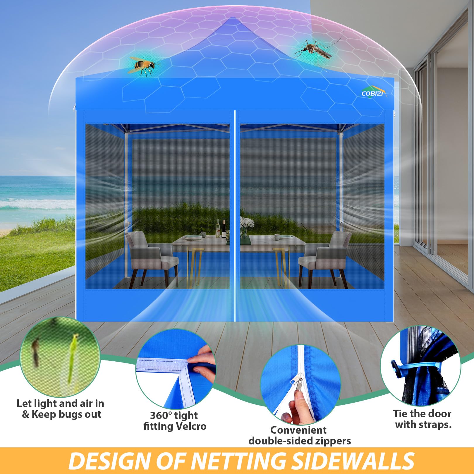 COBIZI 3x3m Tenda a Baldacchino con 4 Pareti Laterali, Resistente Tettoia Pop-up con Zanzariera, Tenda a Schermo Facile per Feste, Matrimonio, Campeggio All'aperto con Borsa, Blu