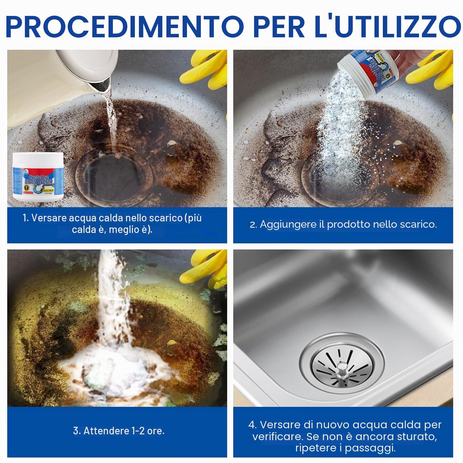 Bell Bird Crystal Lye - Apriscatole di idrossido di sodio, potente rimozione degli intasamenti per lavelli da bagno e cucina, scarichi e tubi doccia -Set di 2 Bottiglie