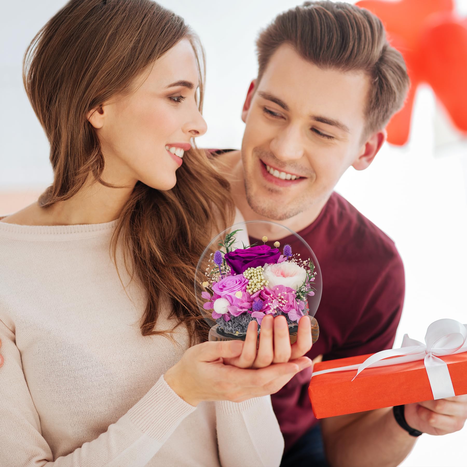 CSYY Rosa Eterna LED Luces Infinito Flor Preservada Bola de Cristal Vidrio Morado y Austin con Hortensias y Flores de Arroz para Mujeres Mamá Novia Esposa Día de Cumpleaños Púrpura