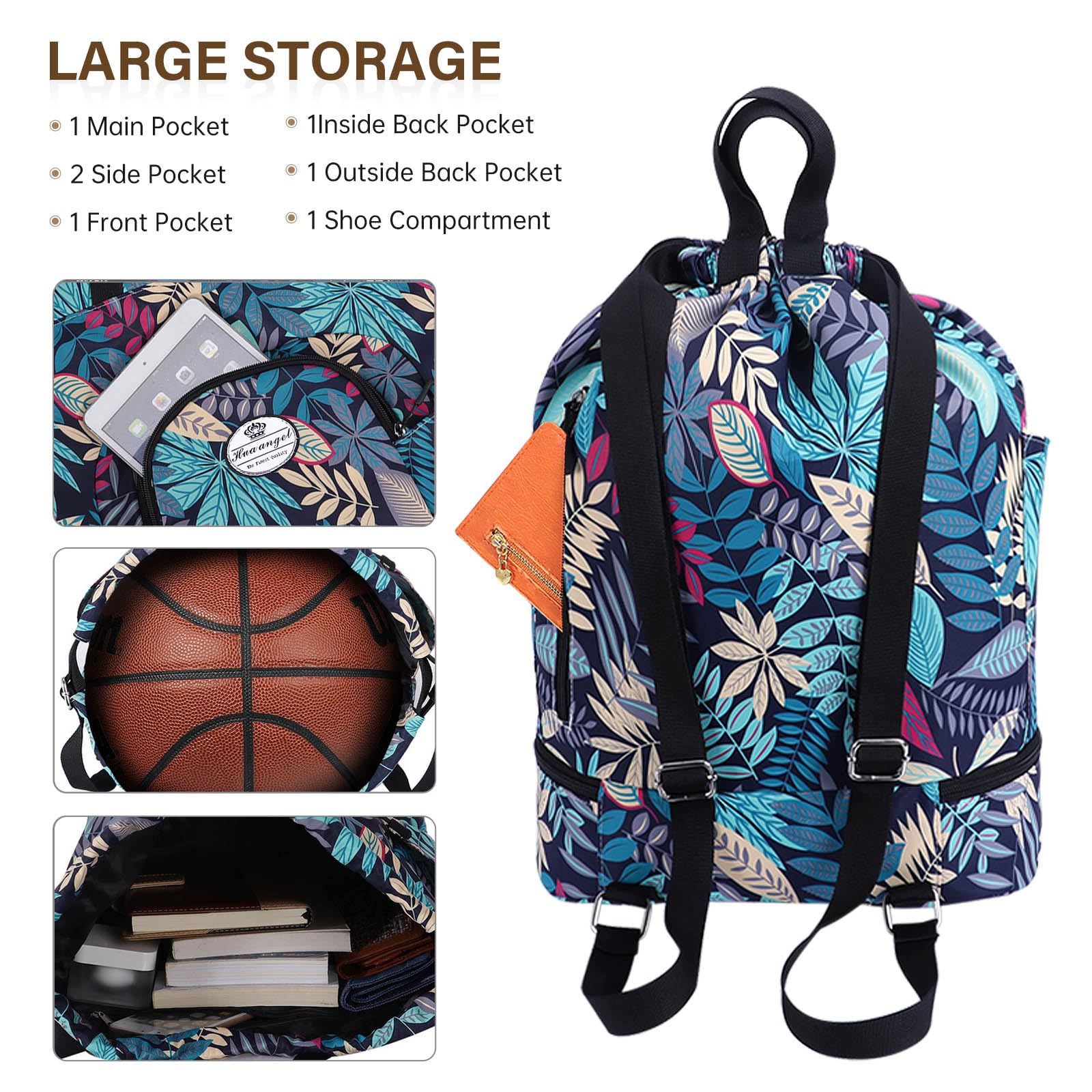 HUA ANGEL Unisex Drawstring Backpack Sports Gym Bag Drawstring Bag Weekend Daypack with Shoe Compartment for Women Men Basketball Football Outdoor Fitness Yoga Swimming Beach - Image 3