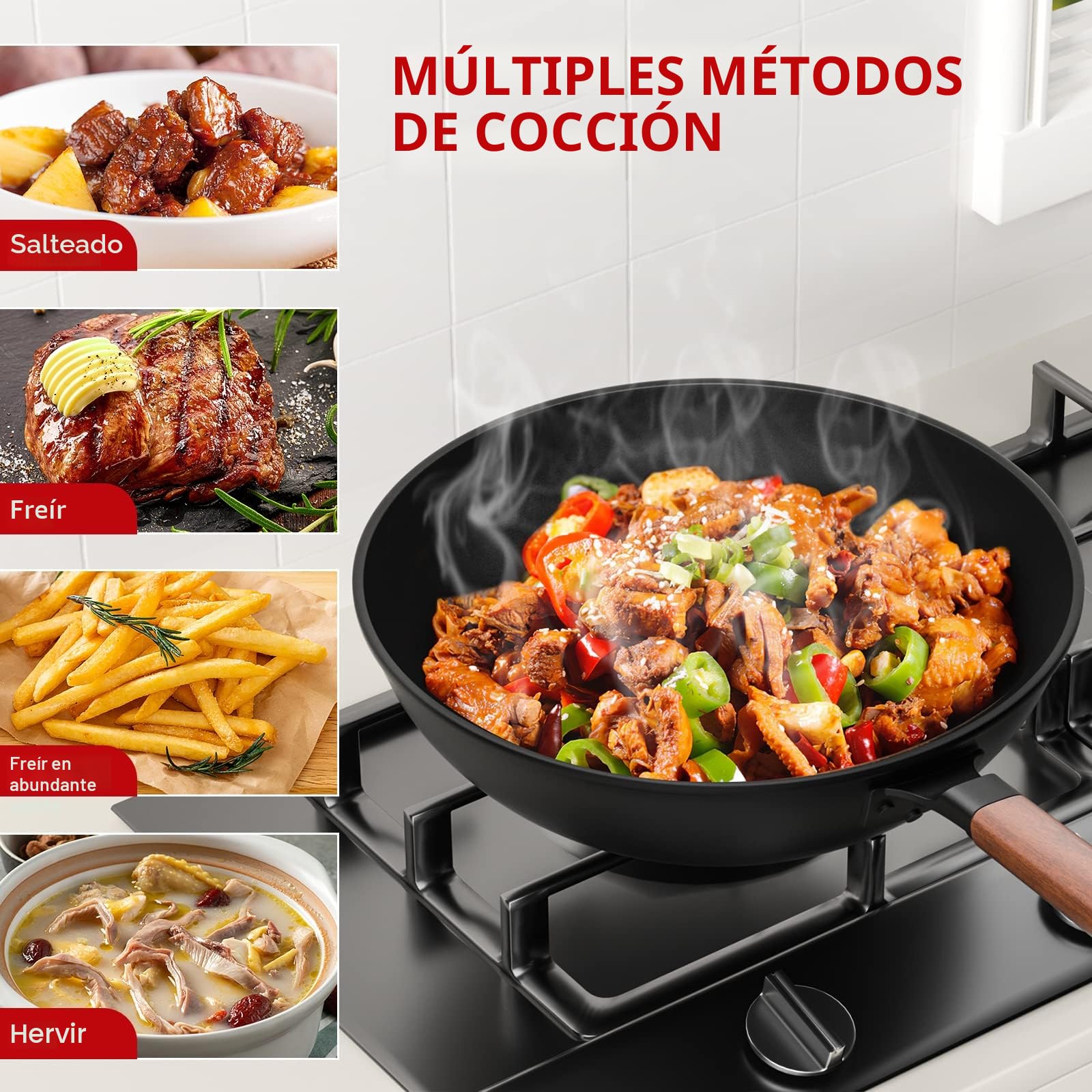 Jobin 33cm/5,6L Wok de Acero al Carbono Sartenes Antiadherentes con Tapa - Sin Recubrimiento Químico - Puede Cocinar Platos Asiáticos para 4-6 Personas - Apto Para Todas las Cocinas