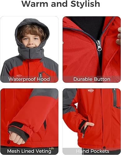 Miniatura 7 de Wantdo Chaqueta de esquí impermeable para niño, chaqueta de snowboard de vellón, abrigo de invierno cálido y grueso con capucha, 4-16