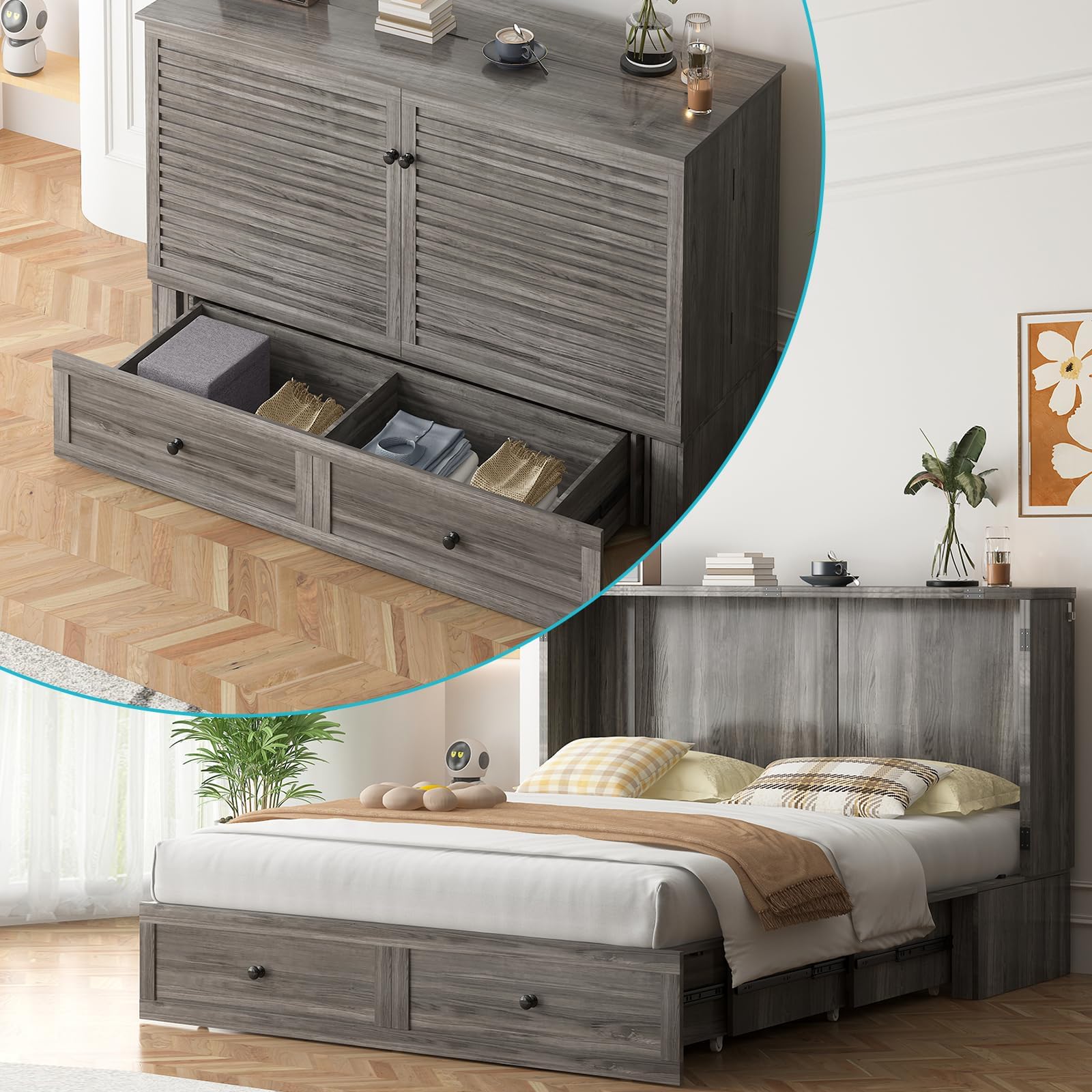 - ijuicy Queen Size Murphy Bed with Foldable Foam Mattress, Cube Cabinet Bed with Multifunctional Charging Station & Extra Large Storage Drawers, Space-Saving Hideaway Bed for Guests-Grey