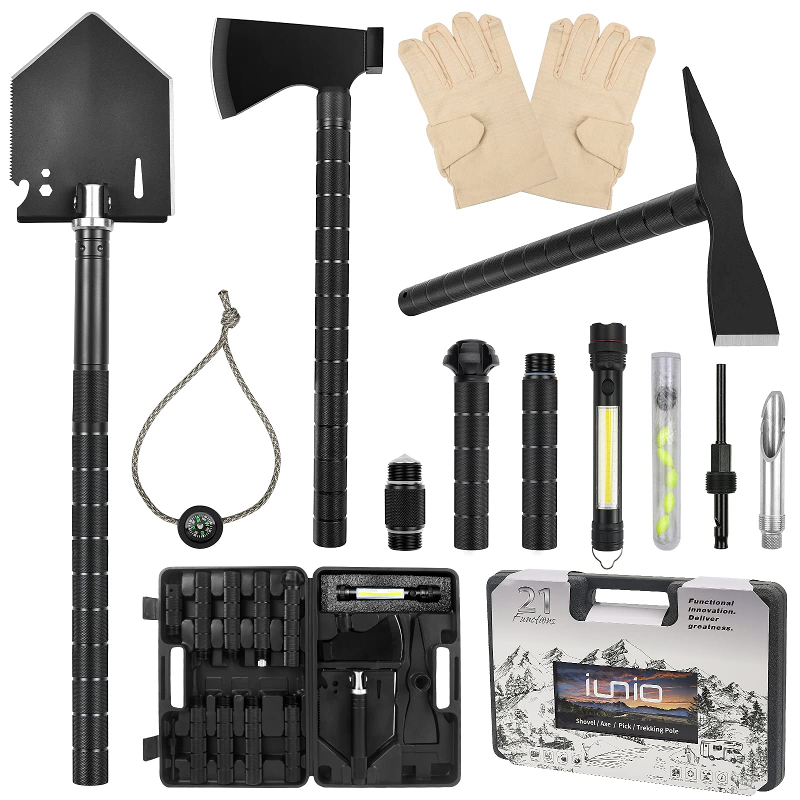 Buy iunio Survival Shovel Multitool,Camping Axe, Folding Pickaxe