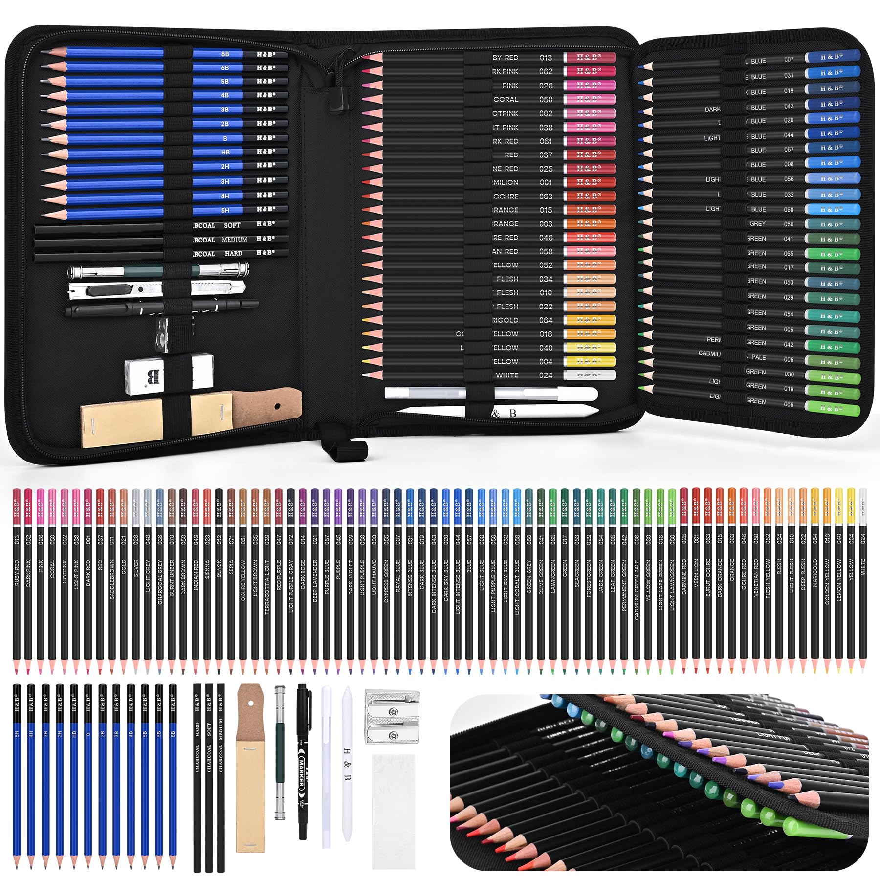 Coolzon Crayons de Dessin, 95 pcs Artiste Set Malette Dessin avec Crayons à Croquis/Fusain/Graphite, Gomme Couteau Extenseur dans un étui