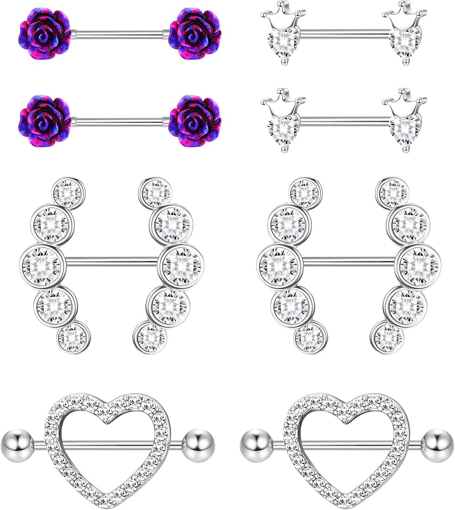 Kakonia 6 Paires Anneaux De Mamelon 14G Acier Inoxydable 316L - Coeur Papillon Lune CZ Fleur Barbell Mignons Pour Femme