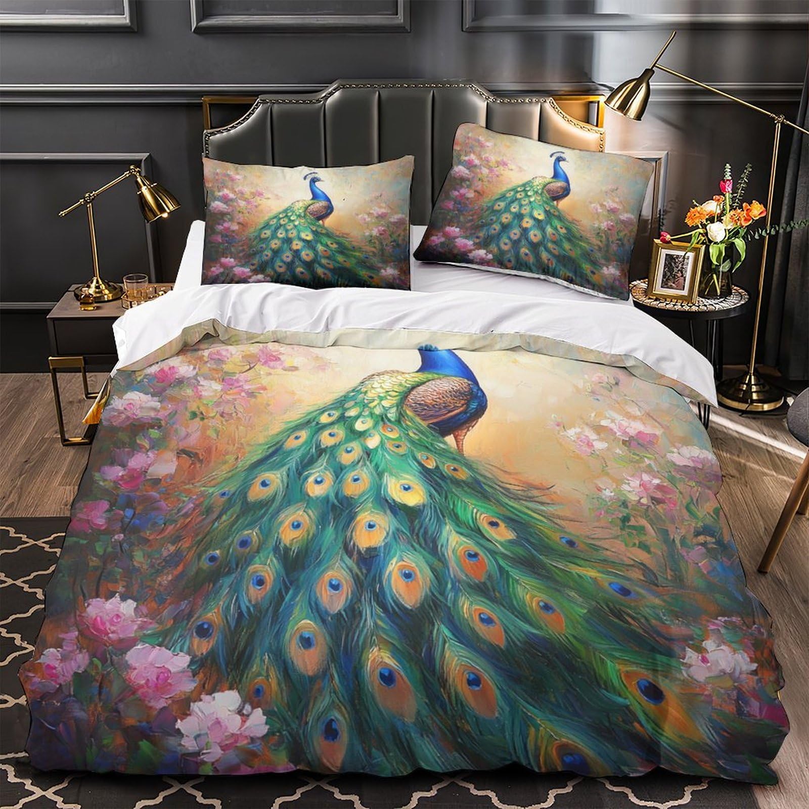 Housse de couette paon imprimé 3D 135x200 parure de lit microfibe avec taies