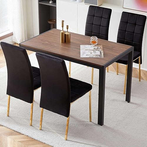 Juego de mesa de comedor para 4, elegante silla de comedor de terciopelo, diseño único con patas de metal dorado, juegos de mesa de comedor de