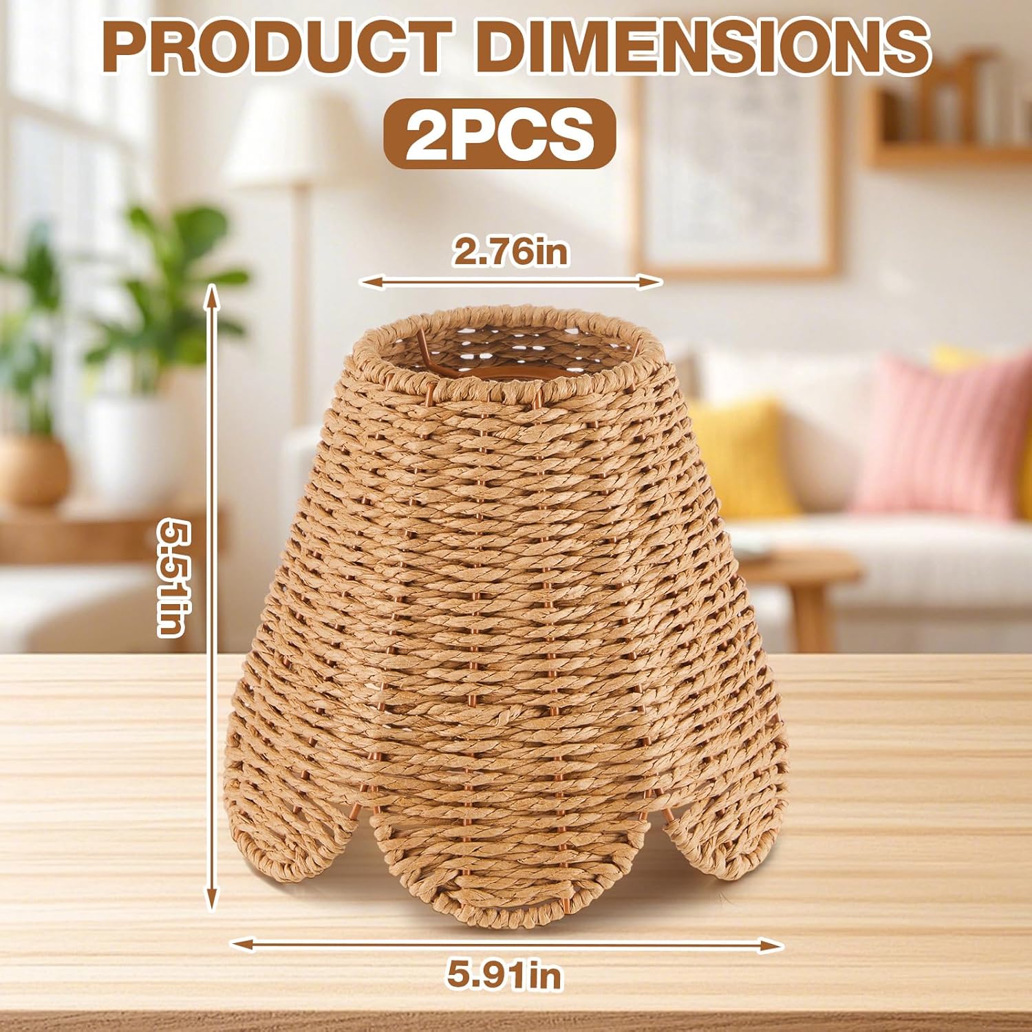 Glooglitter Small Clip-on Chandelier Rattan Lamps Set Shade Scalloped Lampshade 3"top x 6"bottom x 5-1/4"slant Height Empire Lamp Shade Chandelier or Accent Lamp(Paper Rope,Naturals,2 Pcs)
